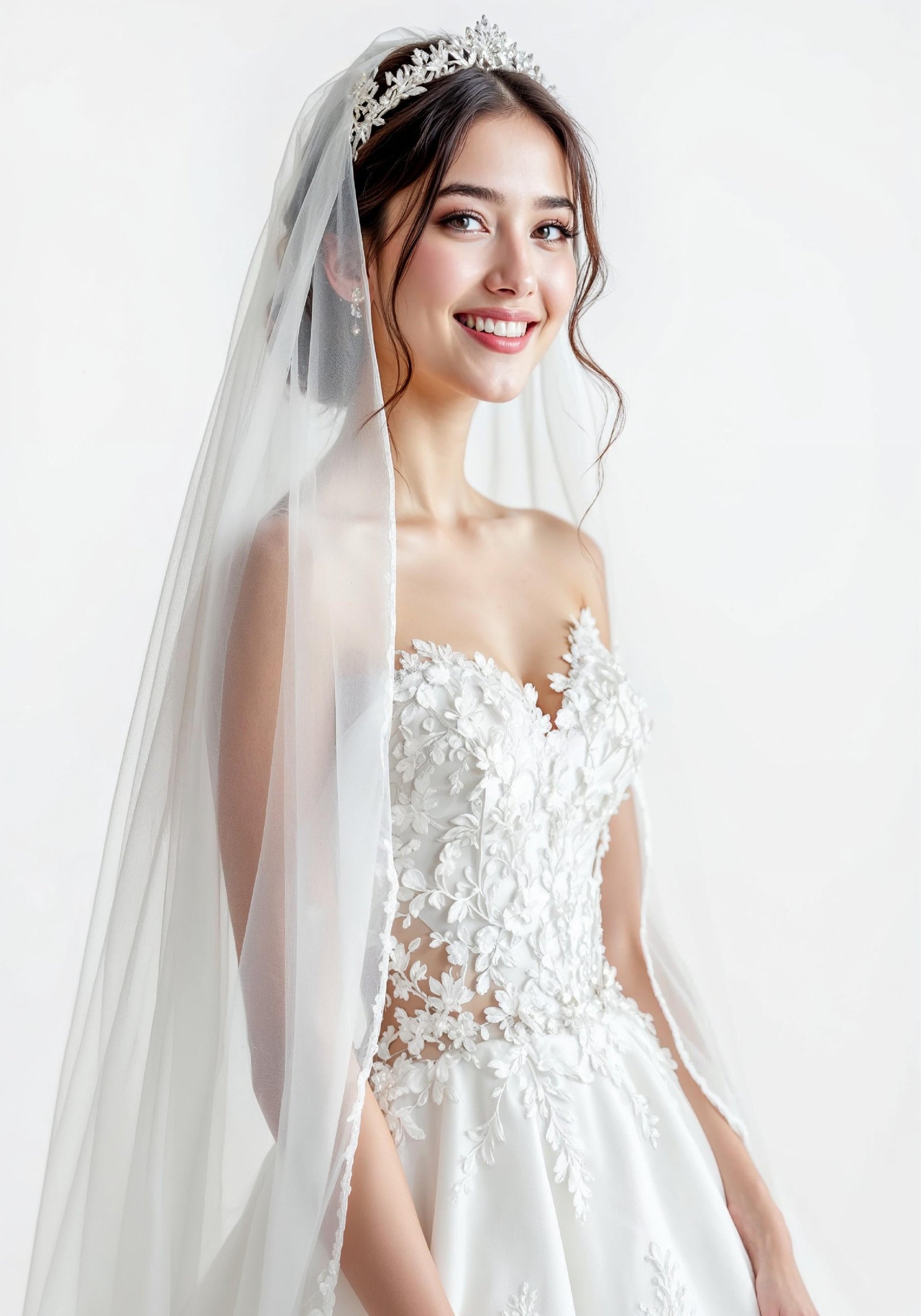 Elegant Young Bride in White Wedding Gown Posing in Studio on Light Background