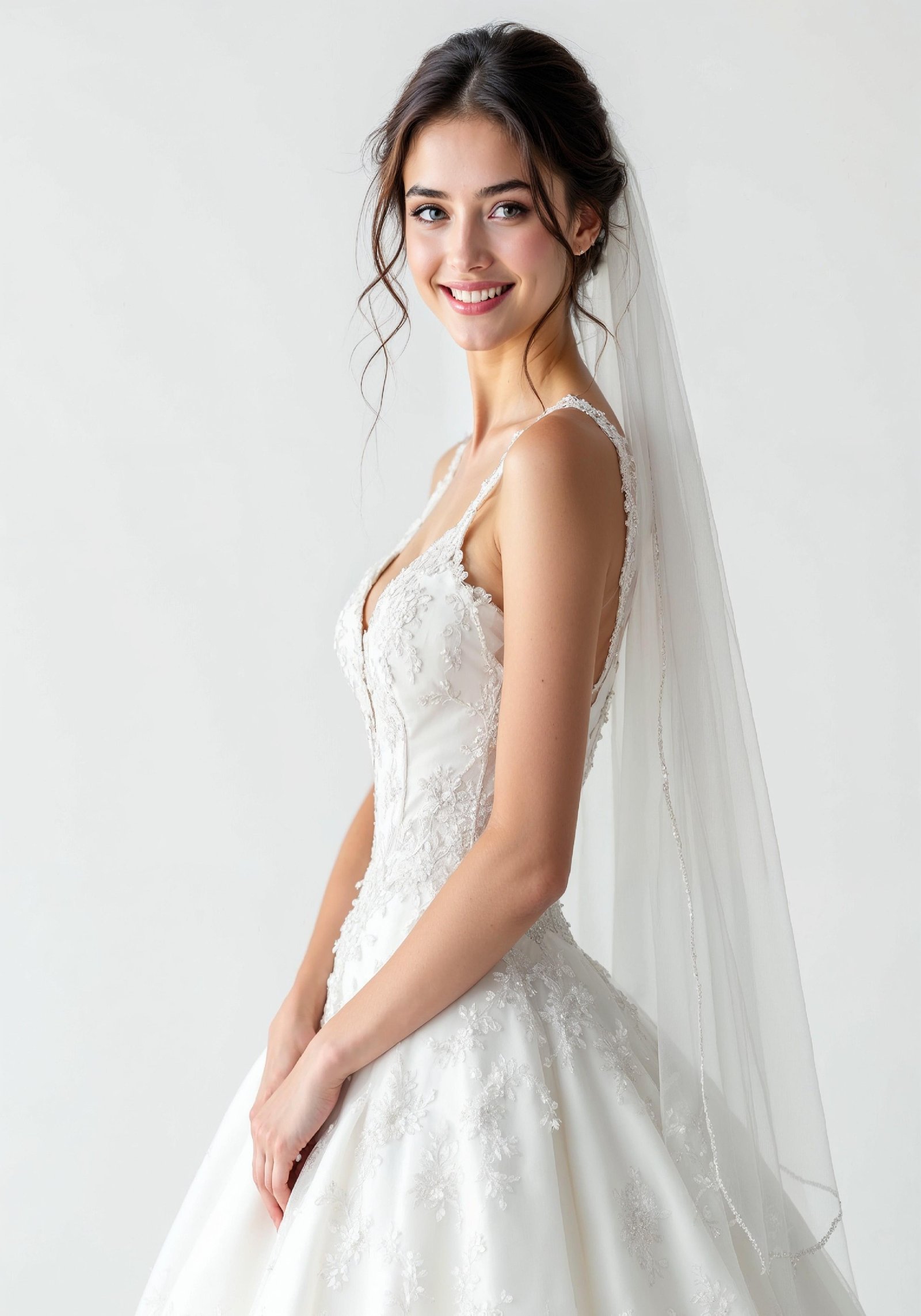 Elegant Young Bride in White Wedding Gown Posing in Studio on Light Background