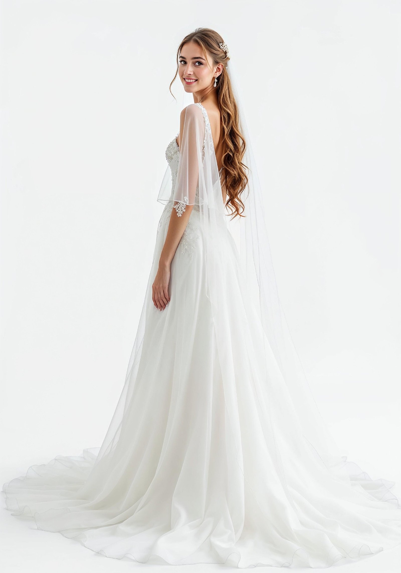 Elegant Young Bride in White Wedding Gown Posing in Studio on Light Background