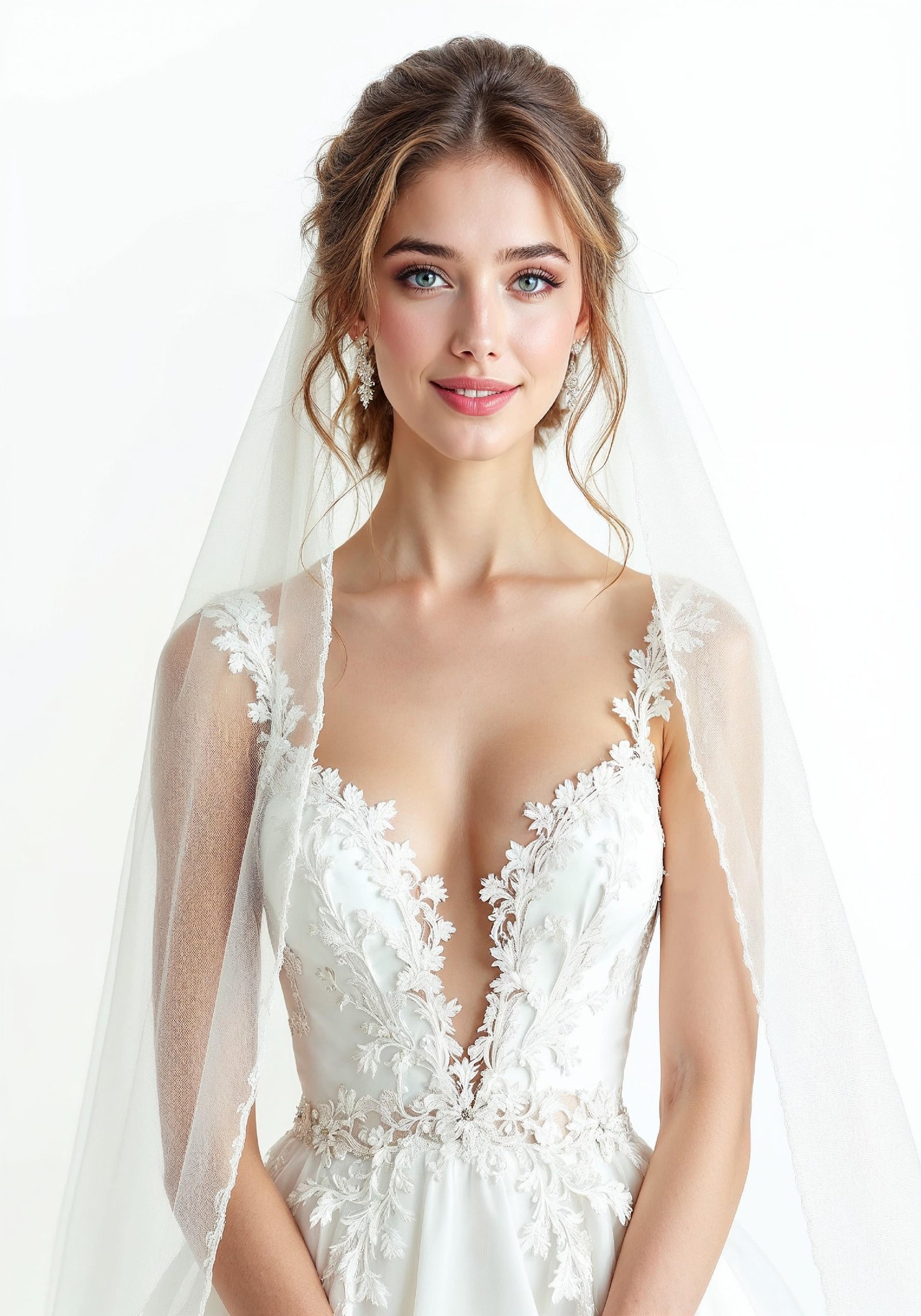 Elegant Young Bride in White Wedding Gown Posing in Studio on Light Background