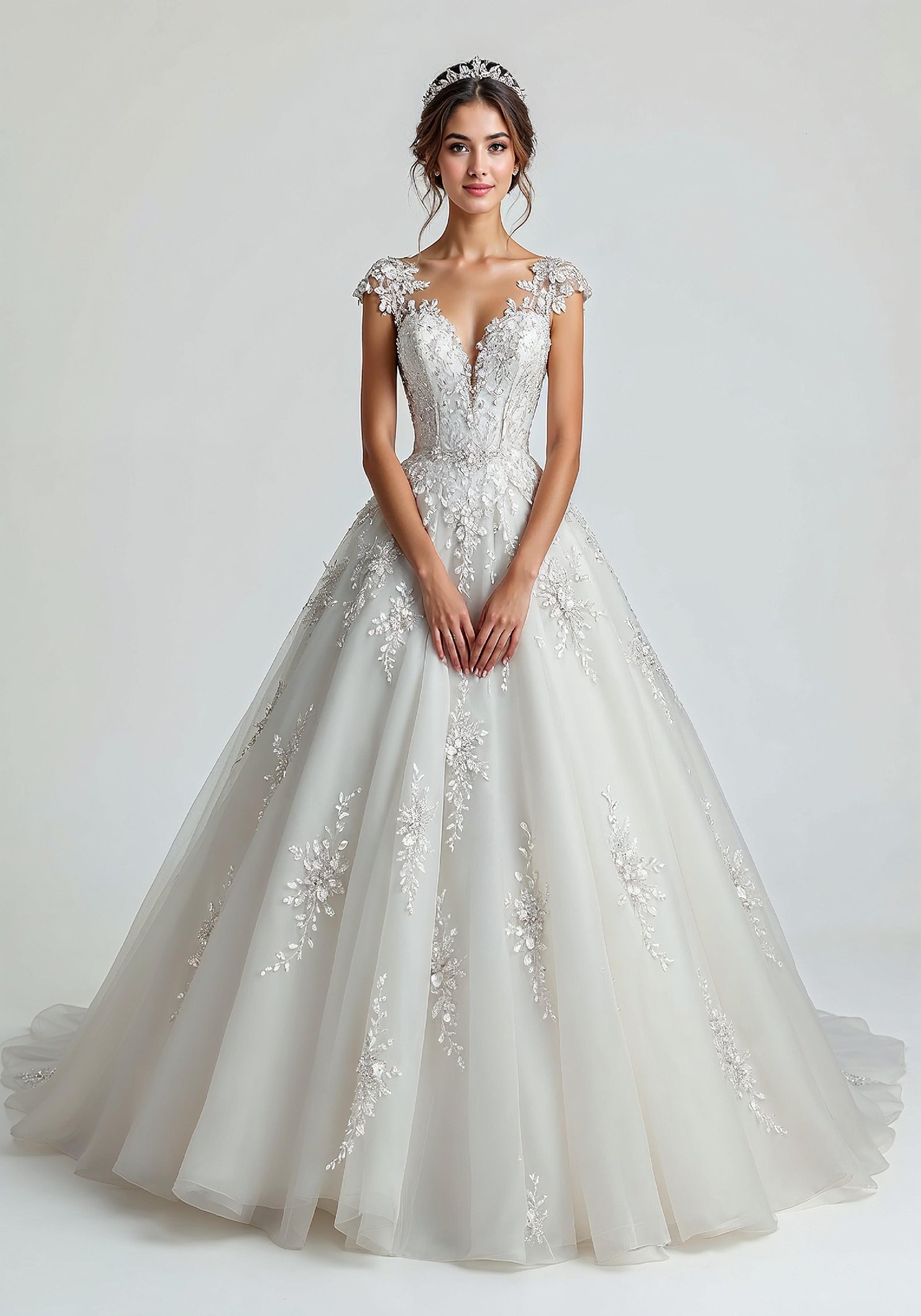 Elegant Young Bride in White Wedding Gown Posing in Studio on Light Background