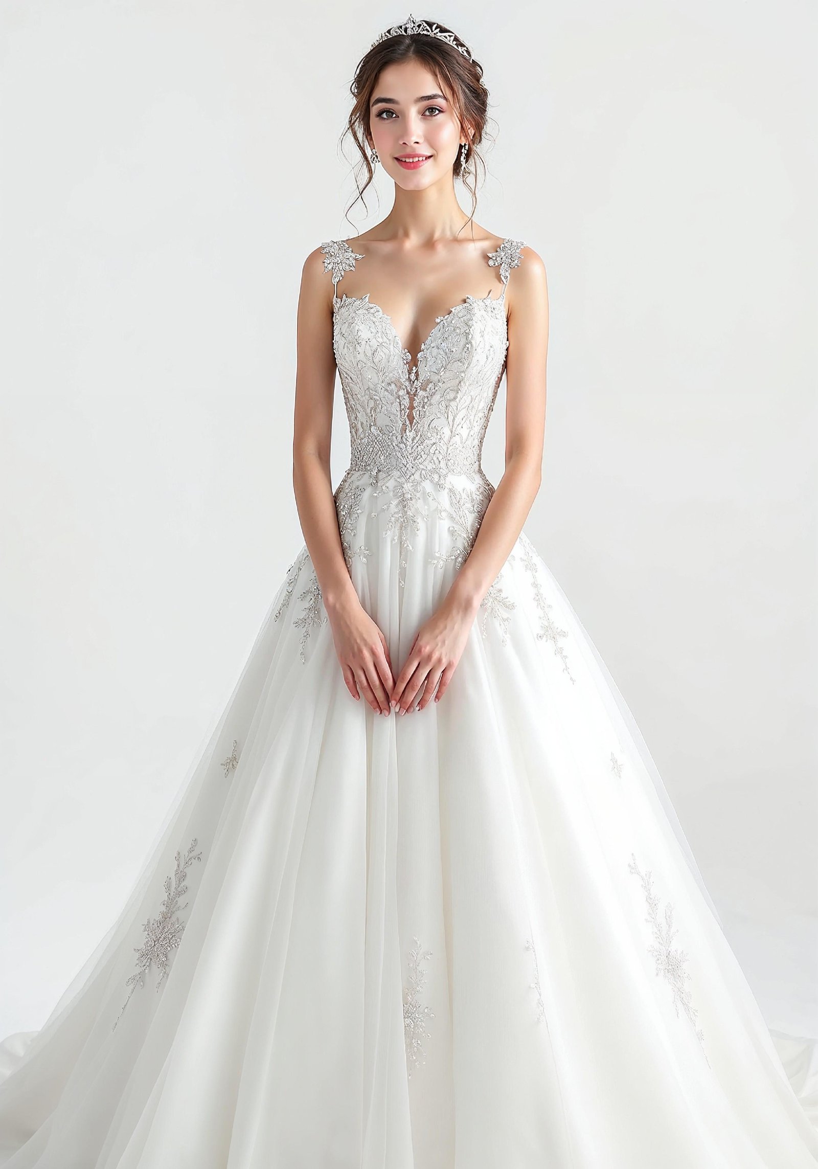 Elegant Young Bride in White Wedding Gown Posing in Studio on Light Background
