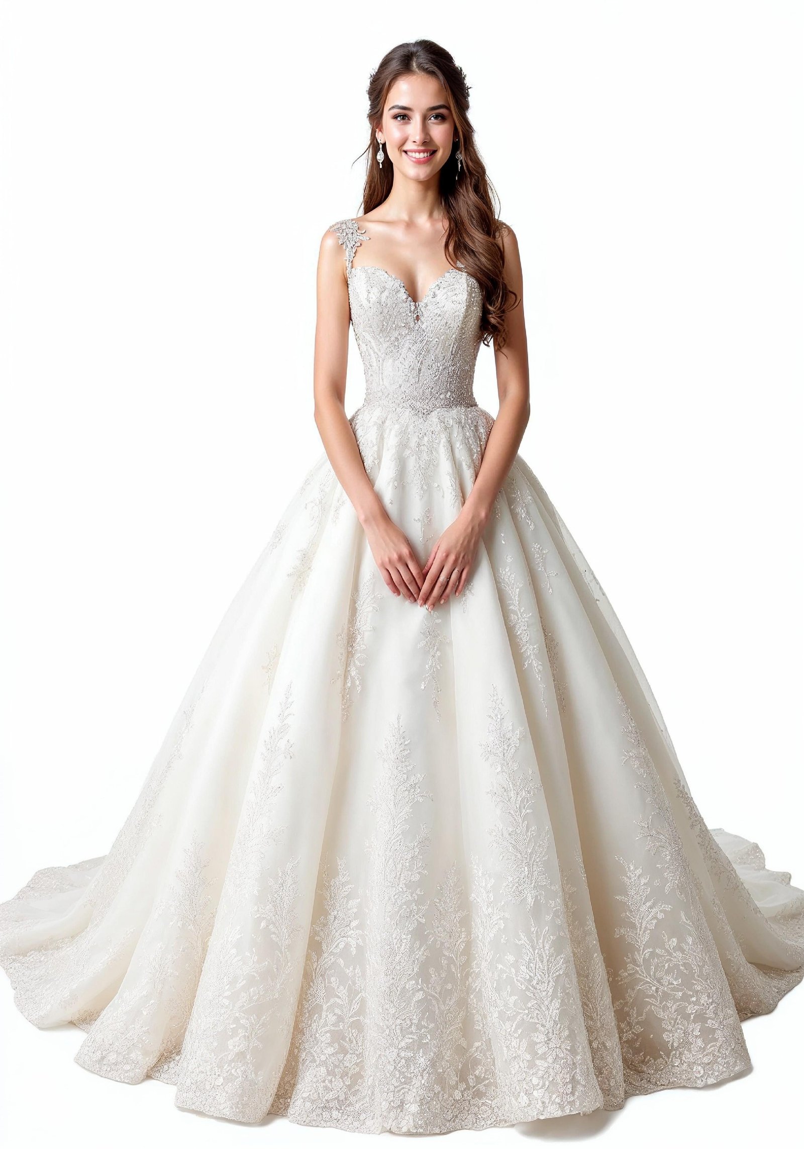 Elegant Young Bride in White Wedding Gown Posing in Studio on Light Background