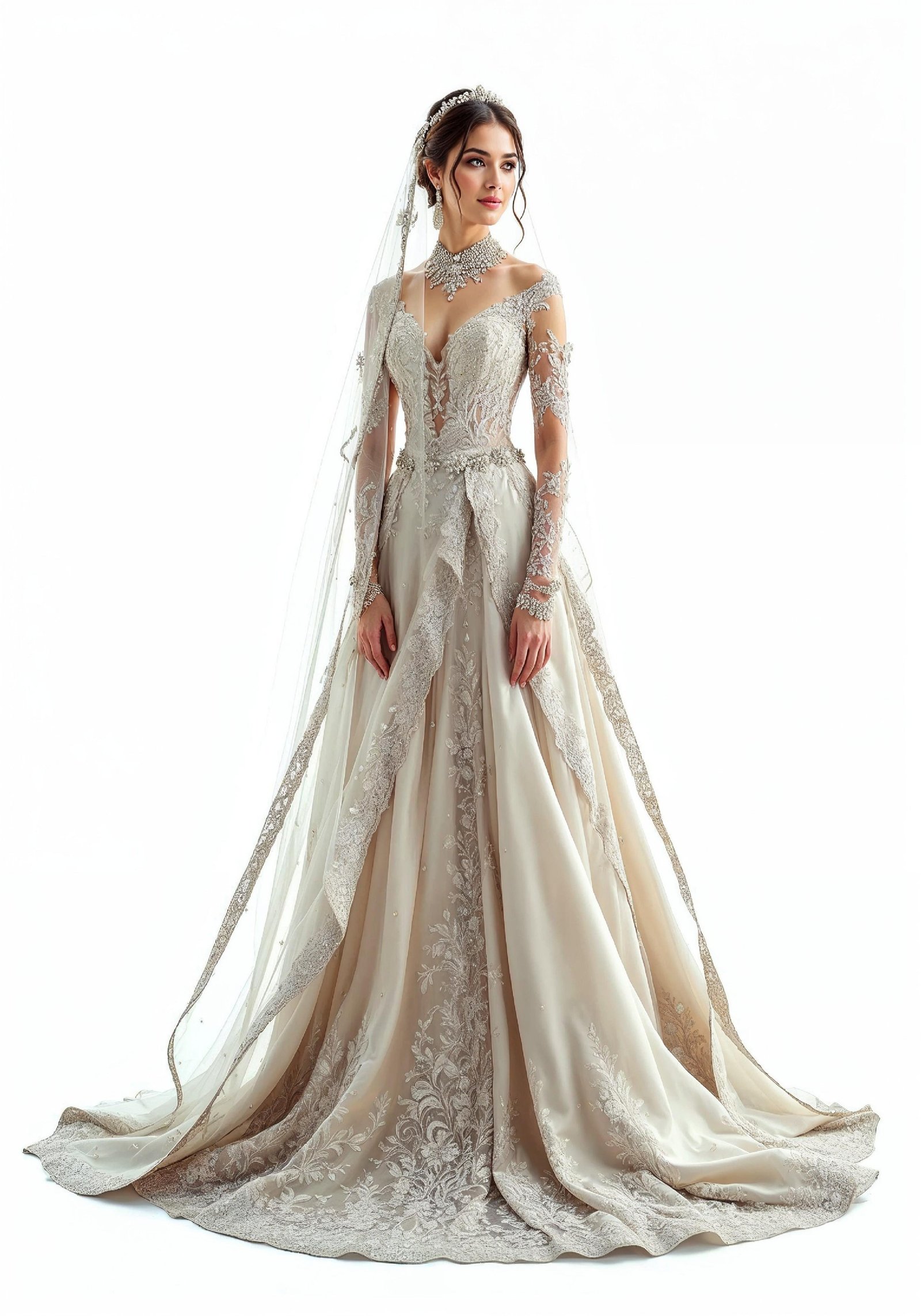 Elegant Young Bride in White Wedding Gown Posing in Studio on Light Background