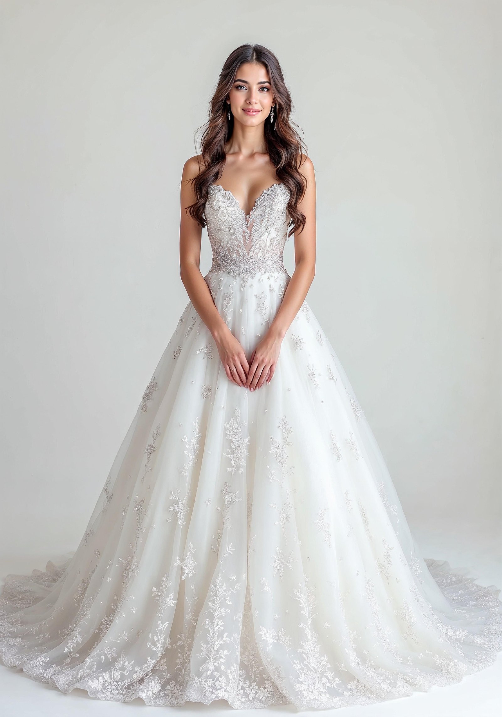Elegant Young Bride in White Wedding Gown Posing in Studio on Light Background