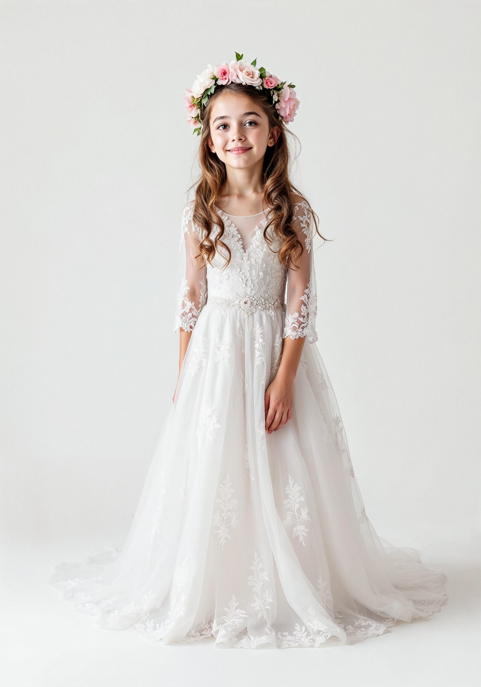 Elegant Young Bride in White Wedding Gown Posing in Studio on Light Background