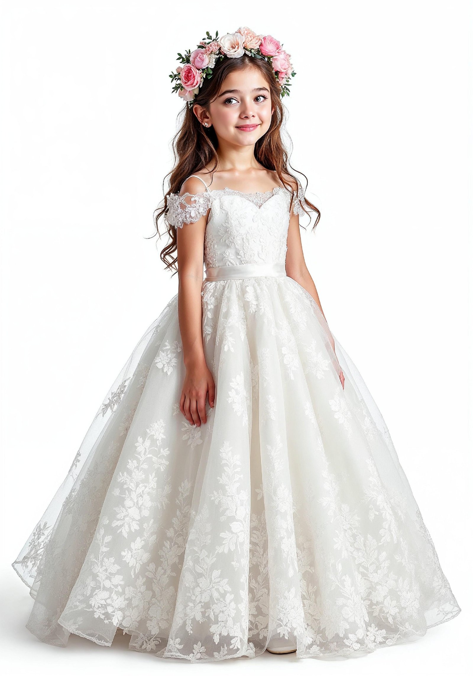 Elegant Young Bride in White Wedding Gown Posing in Studio on Light Background