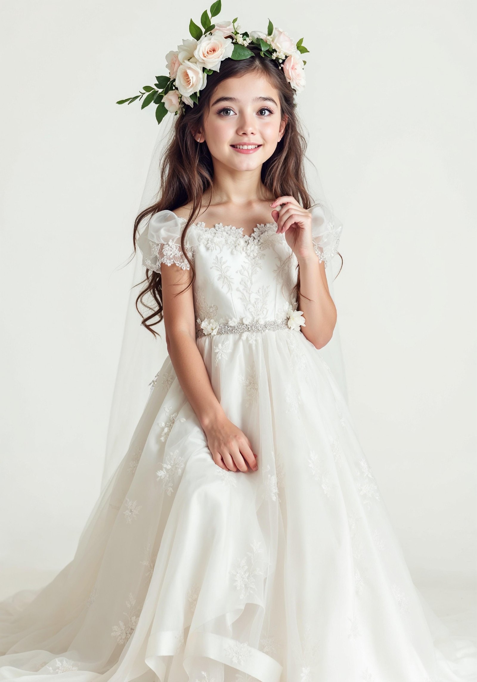 Elegant Young Bride in White Wedding Gown Posing in Studio on Light Background