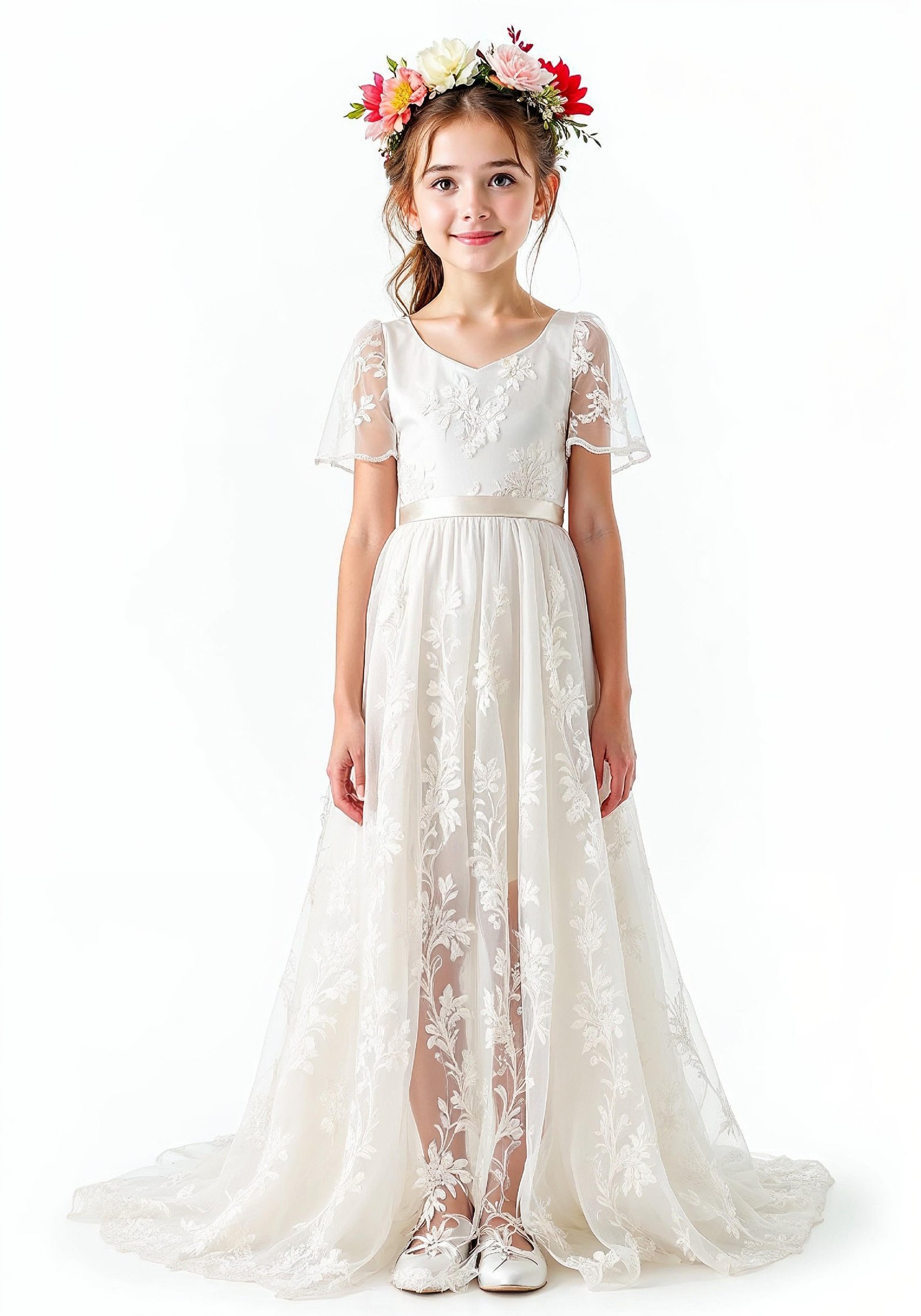 Elegant Young Bride in White Wedding Gown Posing in Studio on Light Background