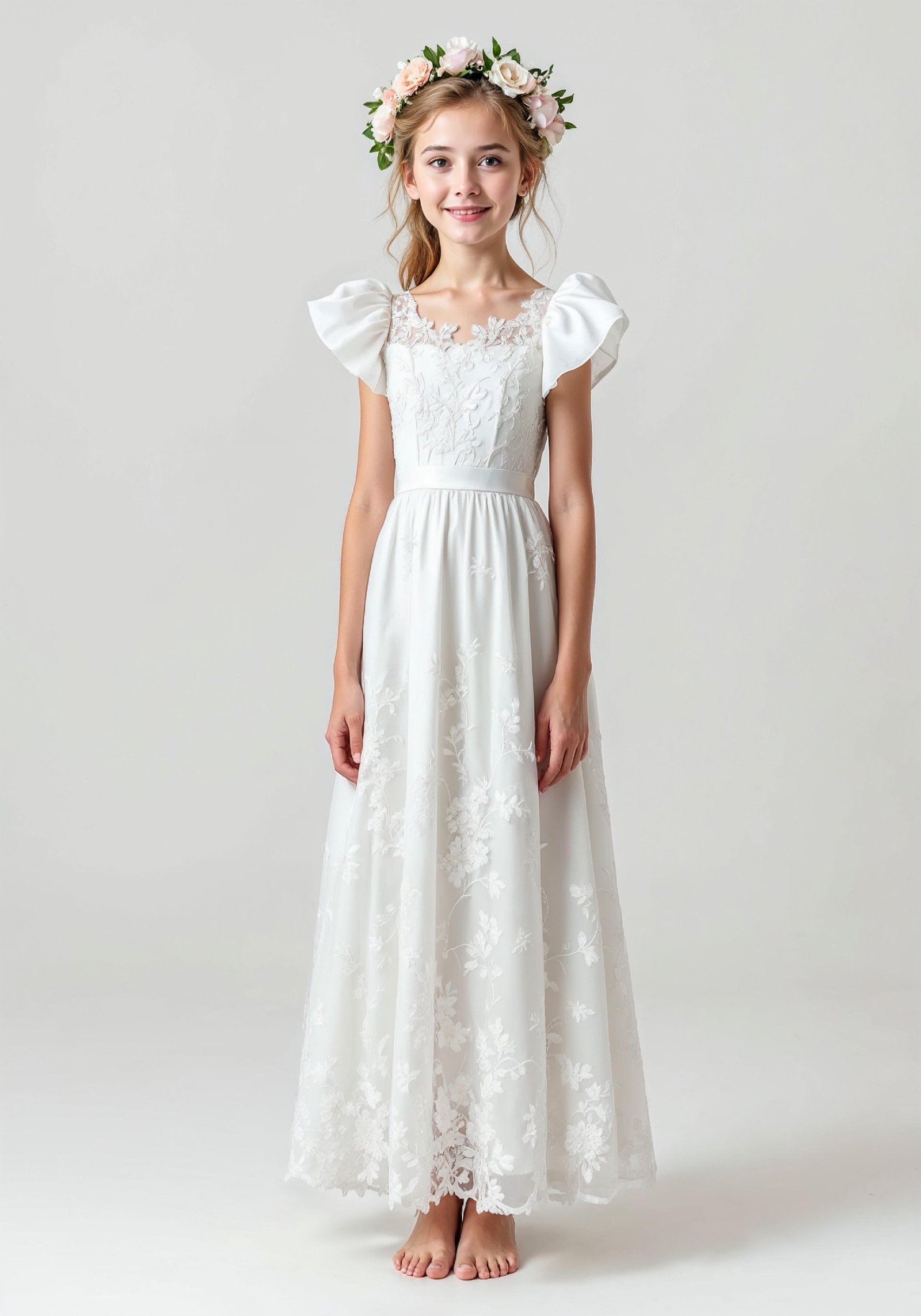 Elegant Young Bride in White Wedding Gown Posing in Studio on Light Background
