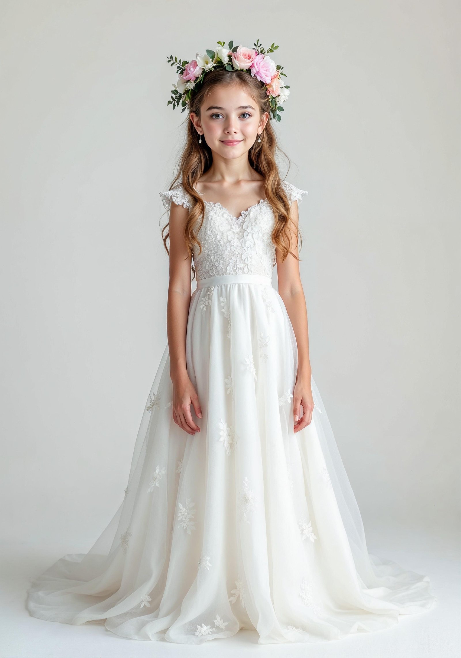 Elegant Young Bride in White Wedding Gown Posing in Studio on Light Background