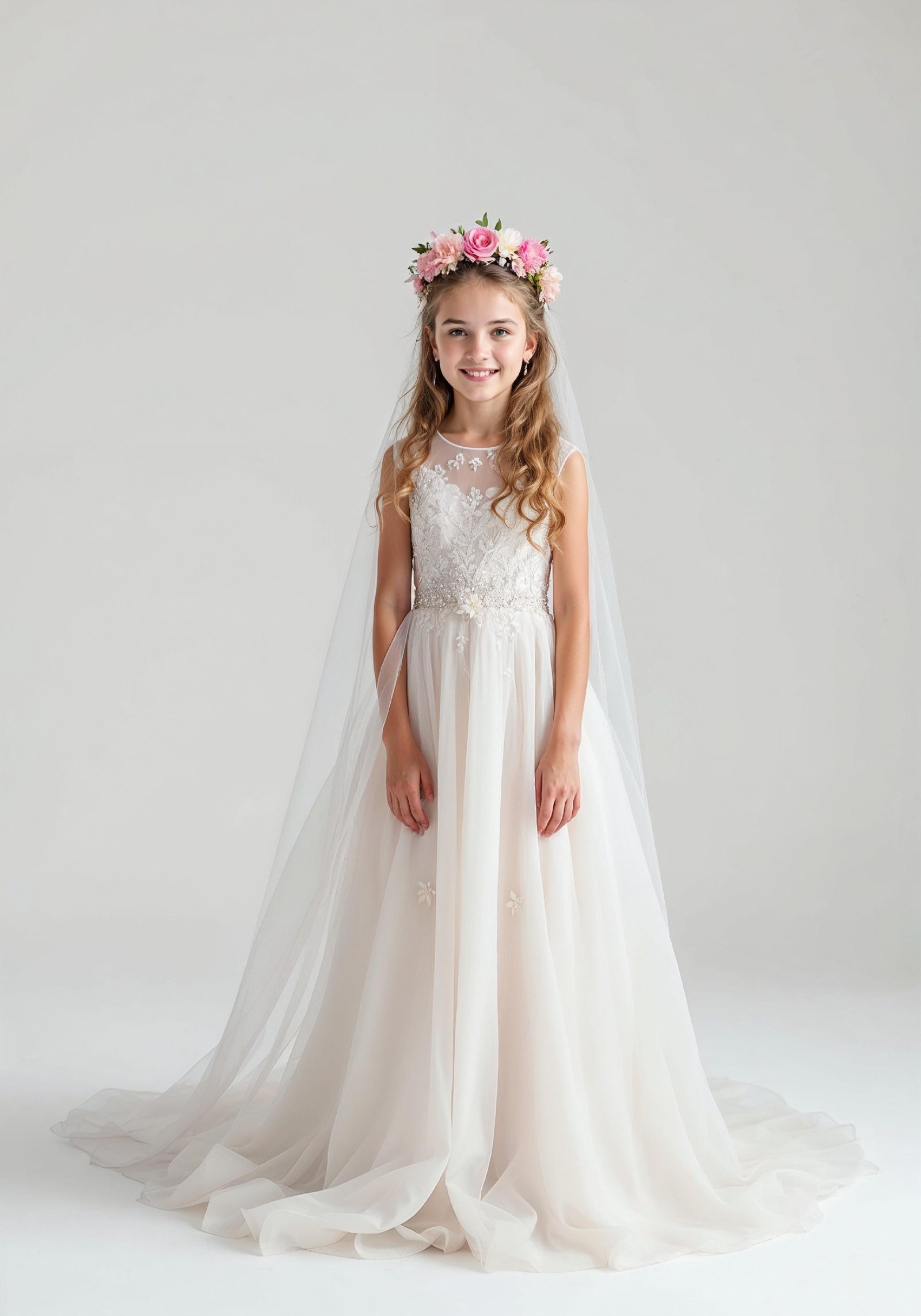 Elegant Young Bride in White Wedding Gown Posing in Studio on Light Background