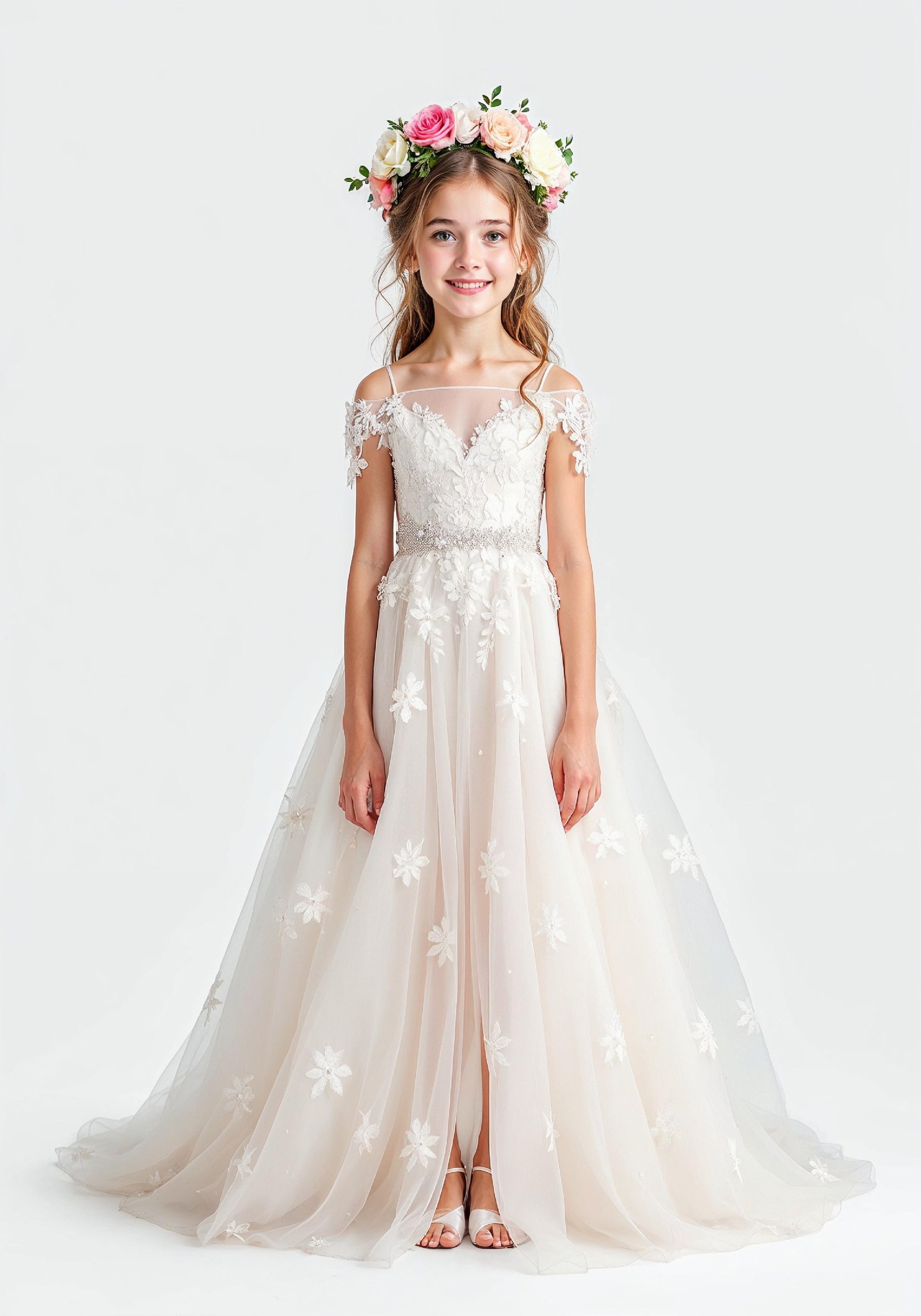 Elegant Young Bride in White Wedding Gown Posing in Studio on Light Background