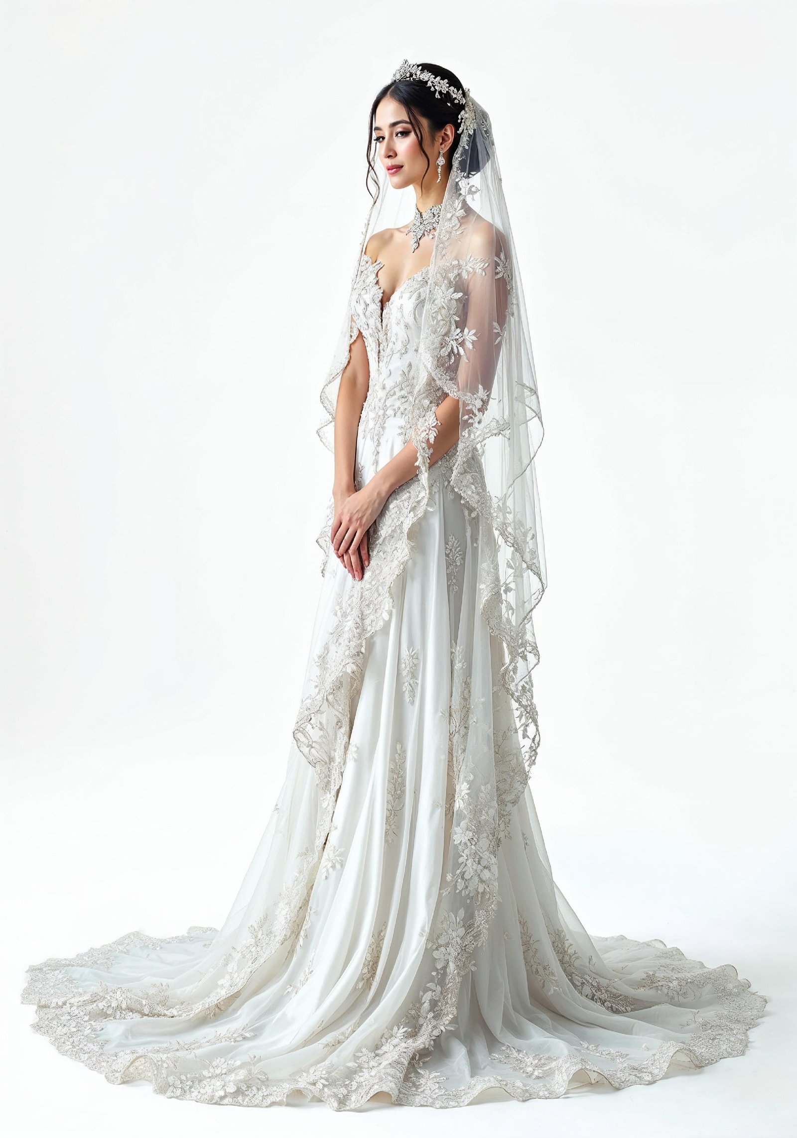 Elegant Young Bride in White Wedding Gown Posing in Studio on Light Background