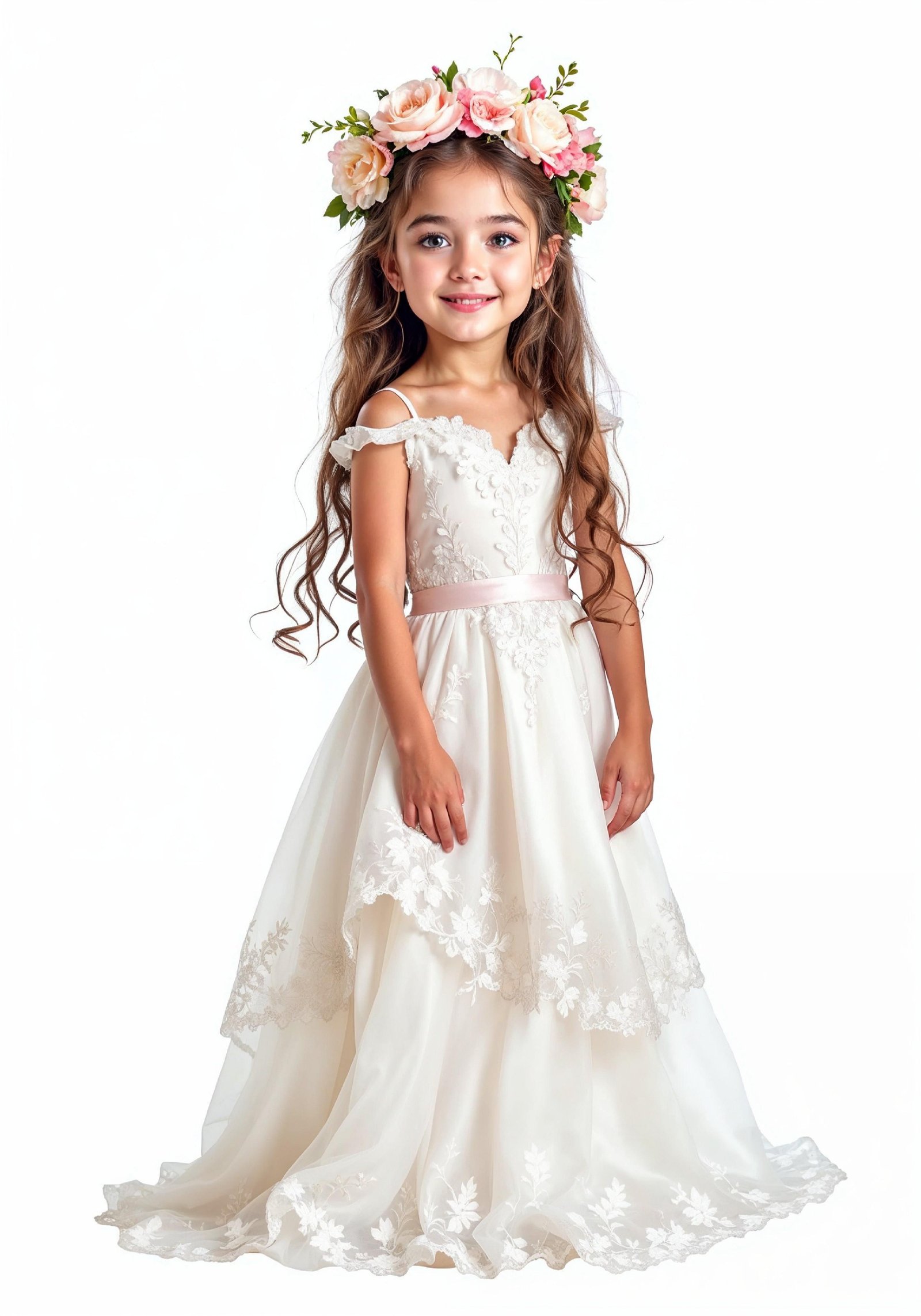 Elegant Young Bride in White Wedding Gown Posing in Studio on Light Background