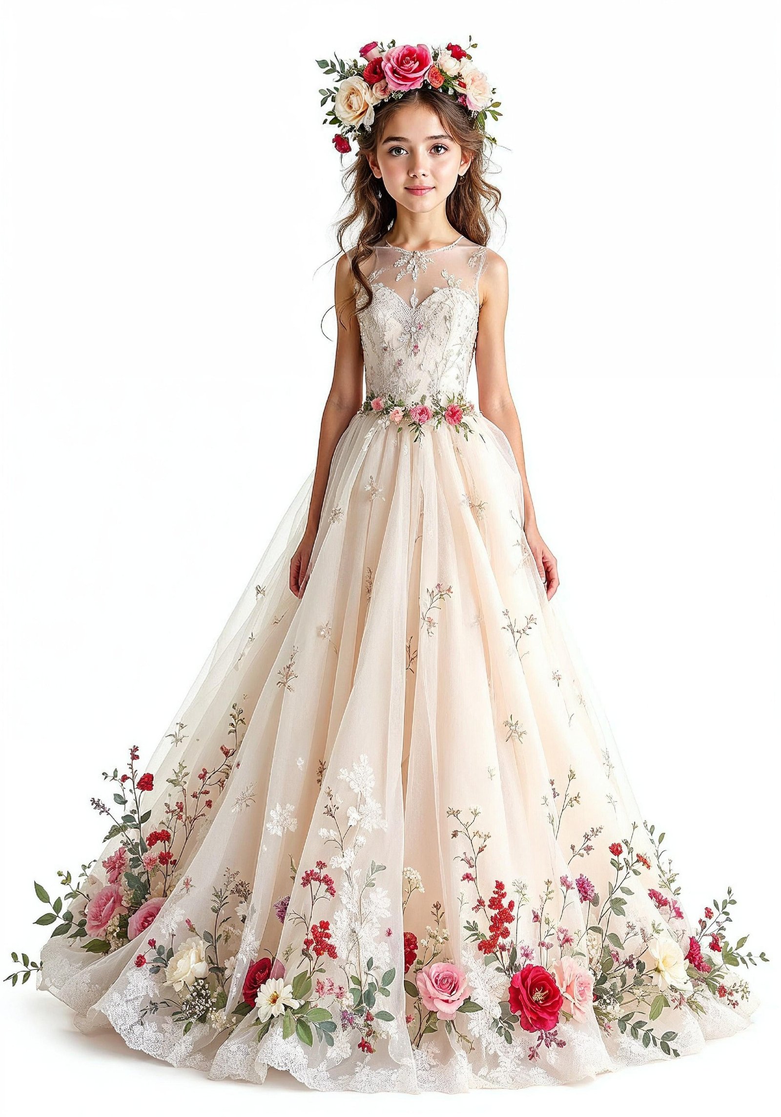 Elegant Young Bride in White Wedding Gown Posing in Studio on Light Background