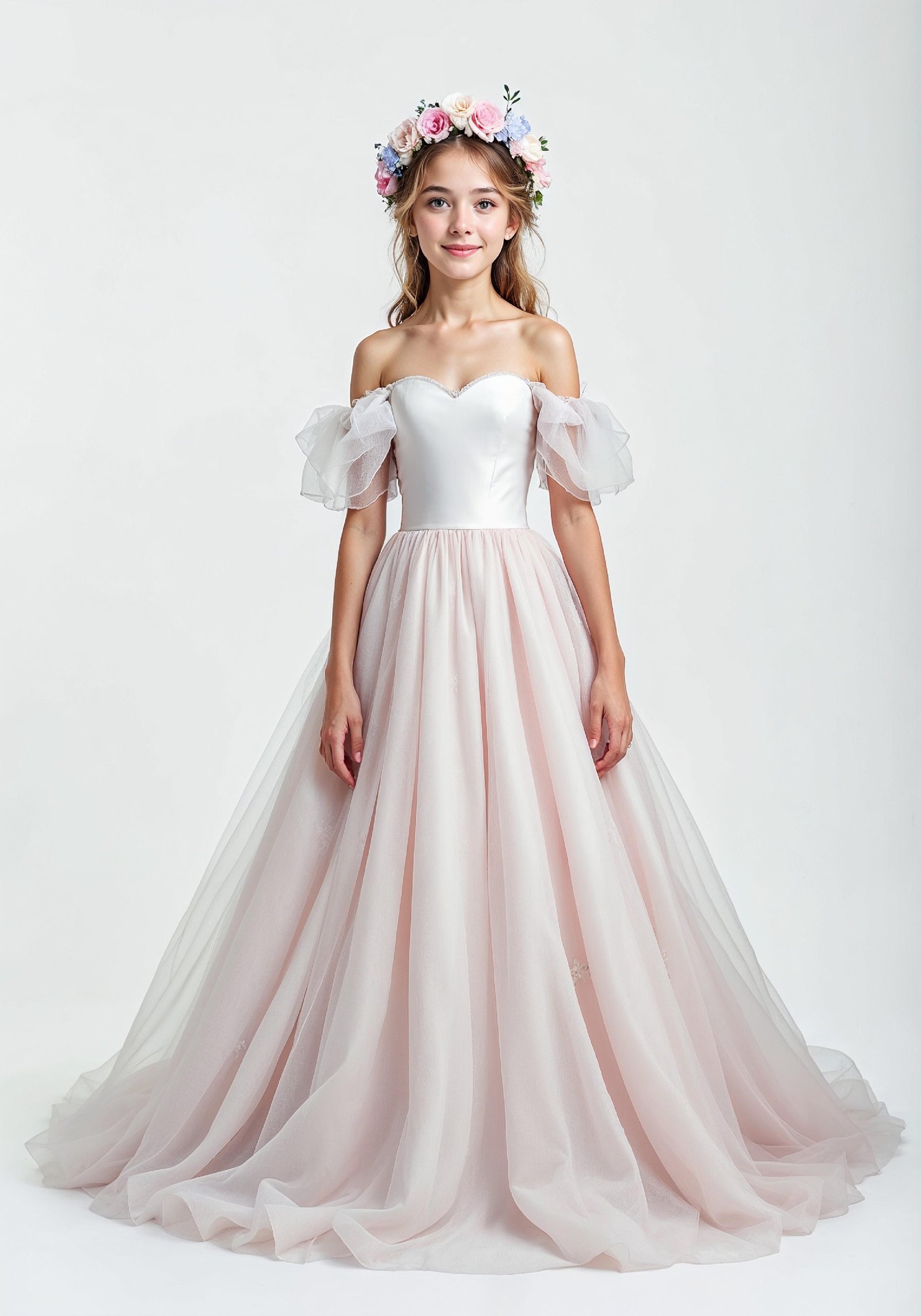 Elegant Young Bride in White Wedding Gown Posing in Studio on Light Background