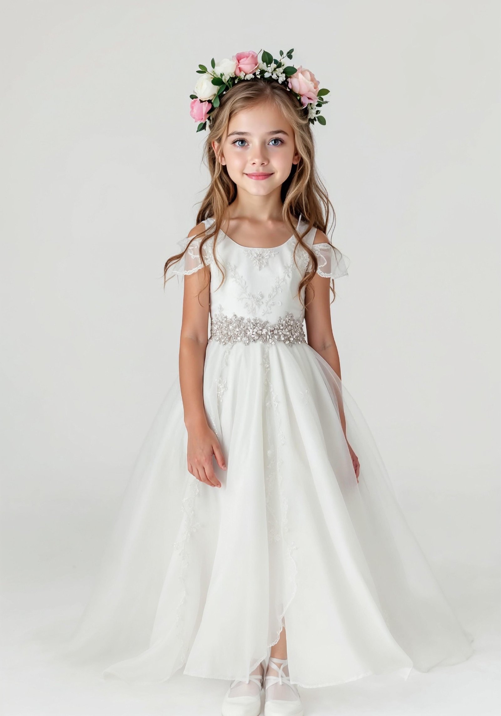 Elegant Young Bride in White Wedding Gown Posing in Studio on Light Background