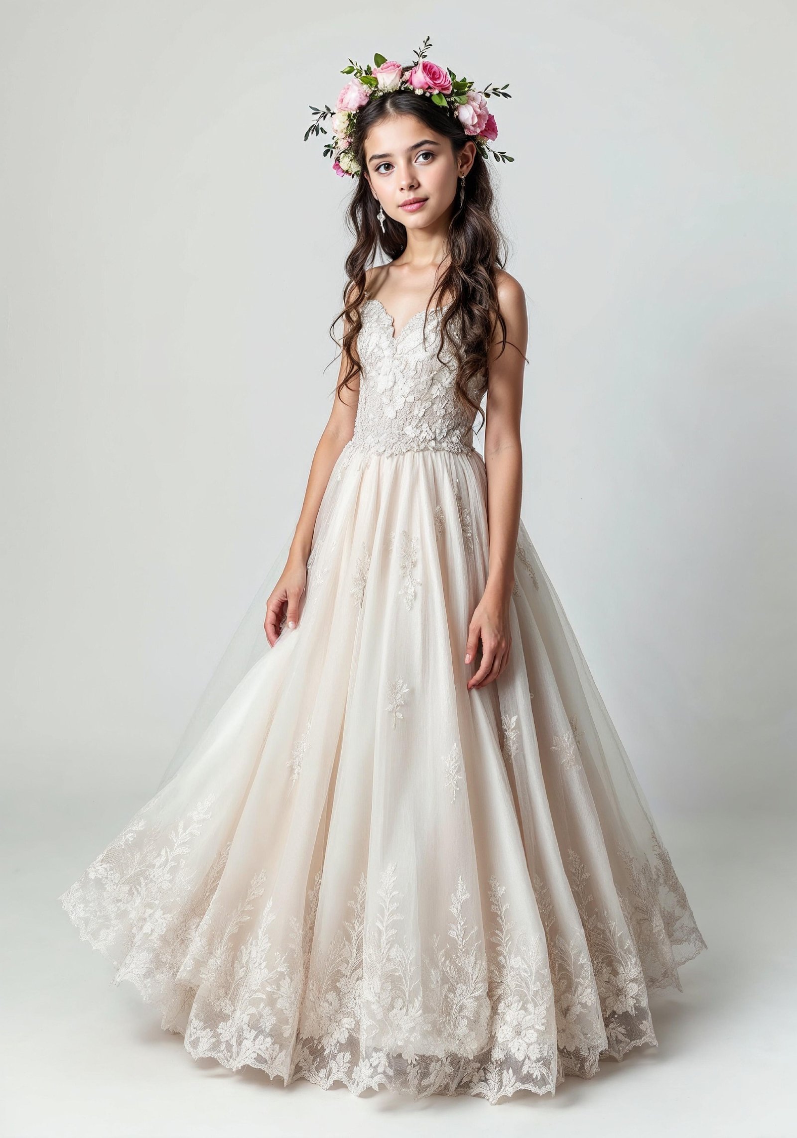 Elegant Young Bride in White Wedding Gown Posing in Studio on Light Background