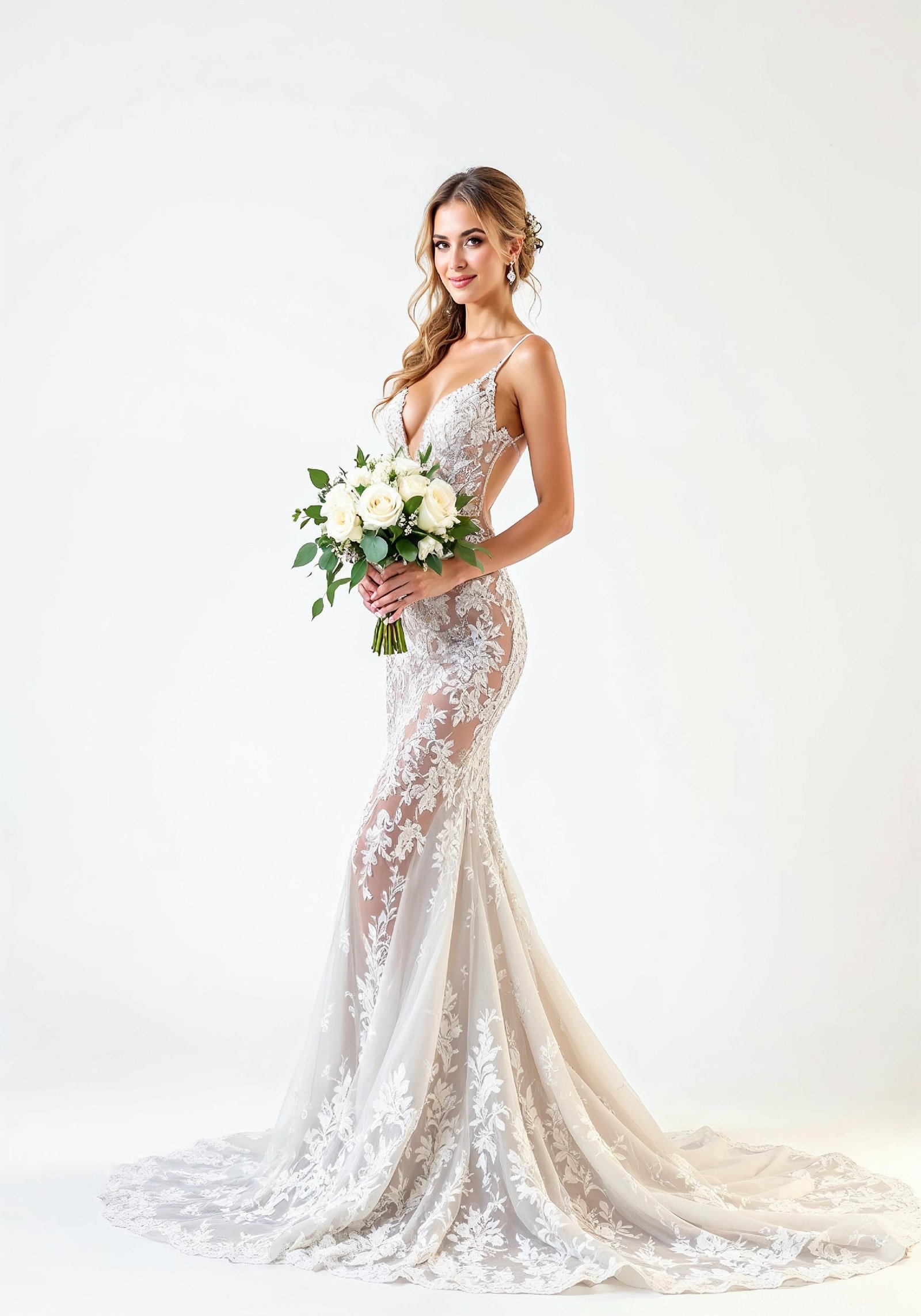 Elegant Young Bride in White Wedding Gown Posing in Studio on Light Background