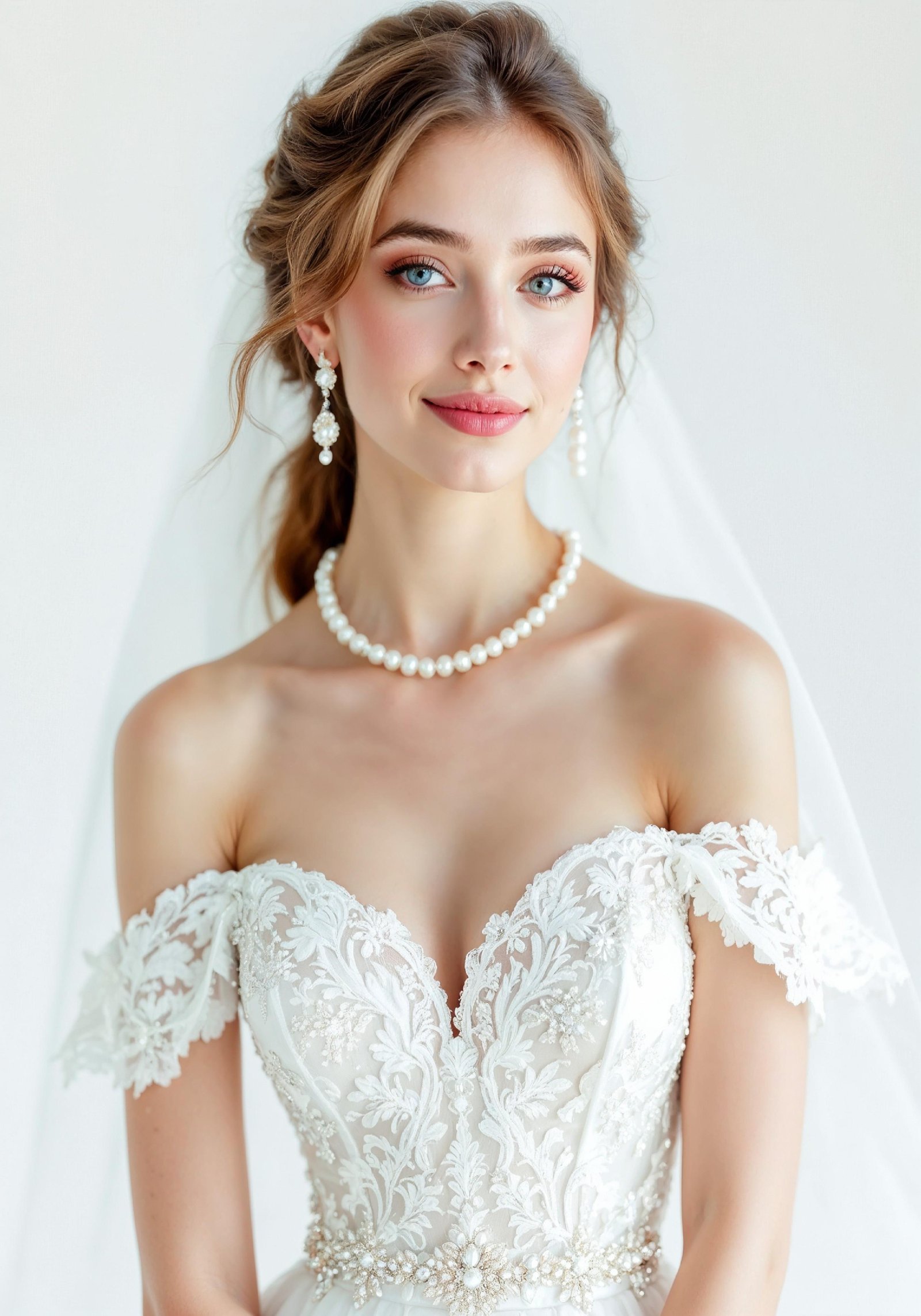 Elegant Young Bride in White Wedding Gown Posing in Studio on Light Background
