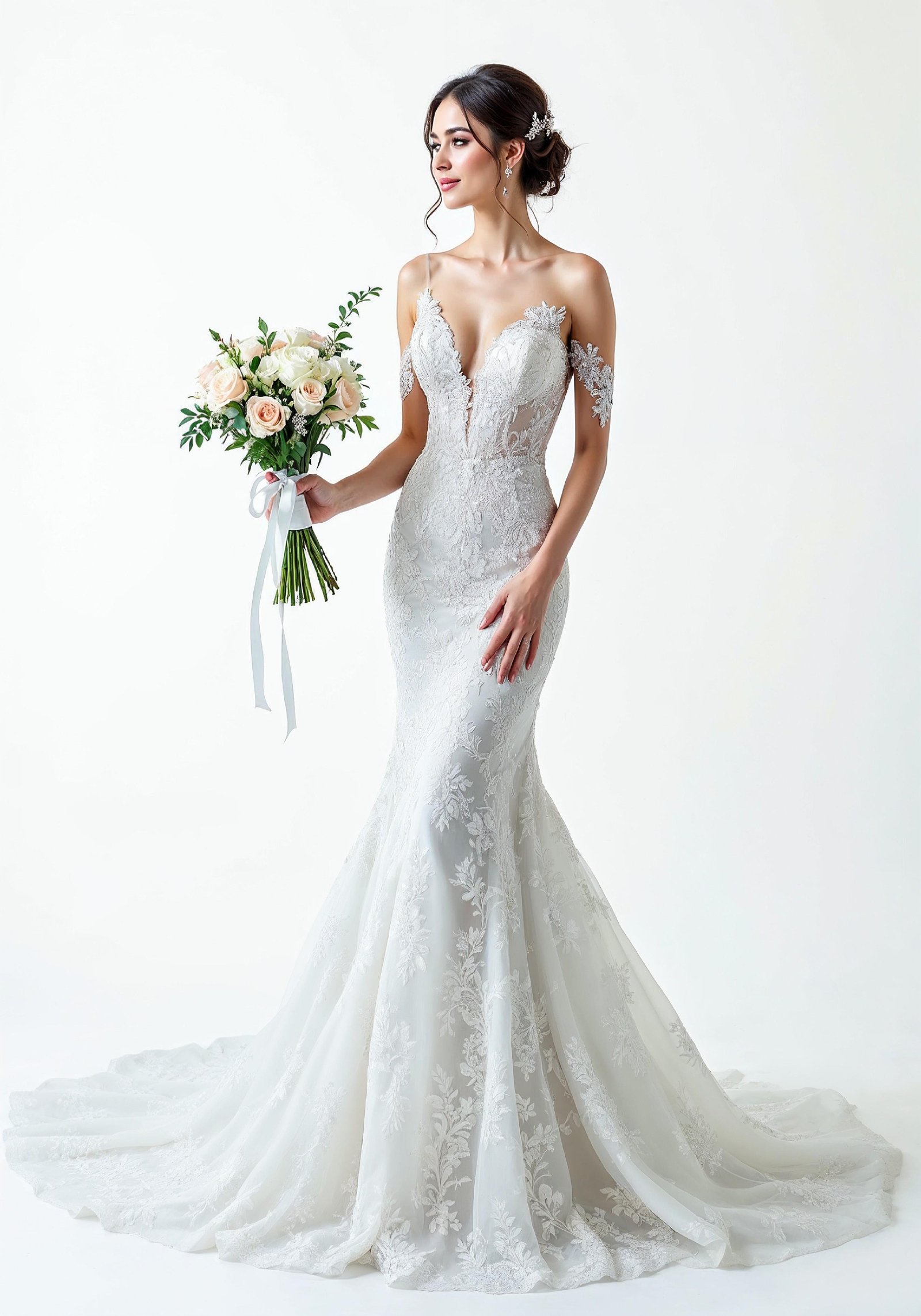 Elegant Young Bride in White Wedding Gown Posing in Studio on Light Background