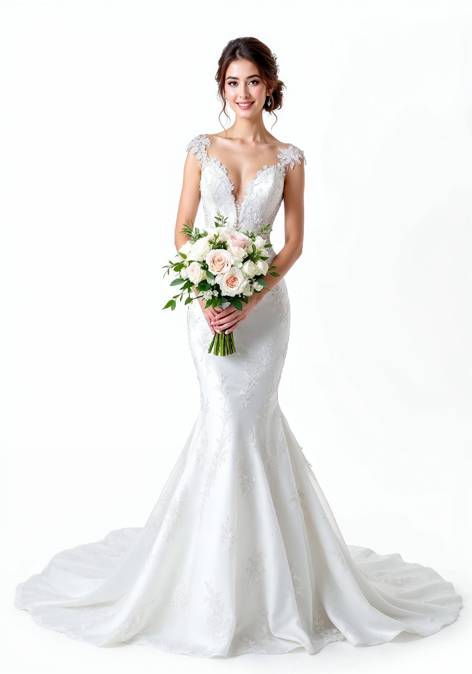 Elegant Young Bride in White Wedding Gown Posing in Studio on Light Background