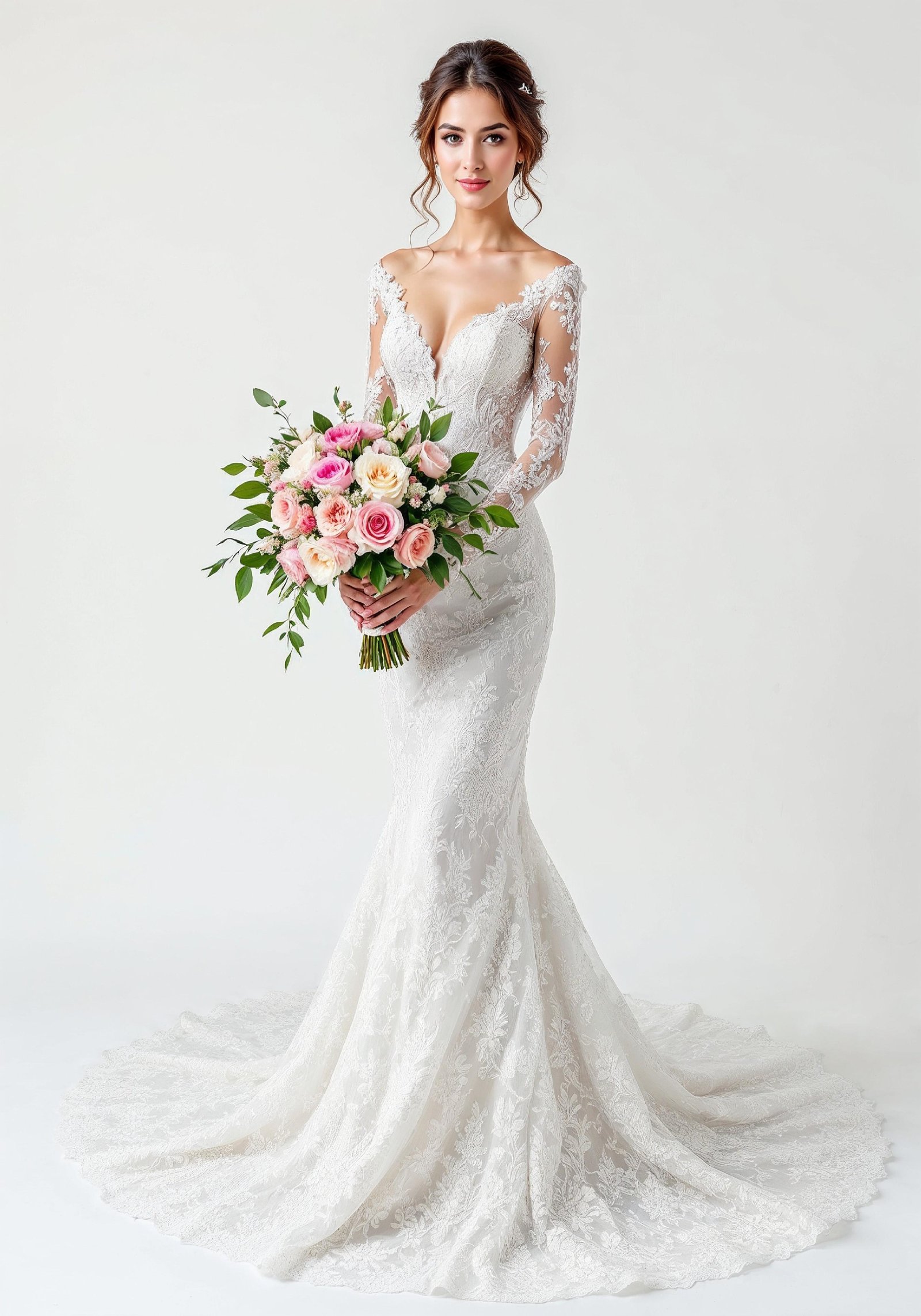Elegant Young Bride in White Wedding Gown Posing in Studio on Light Background