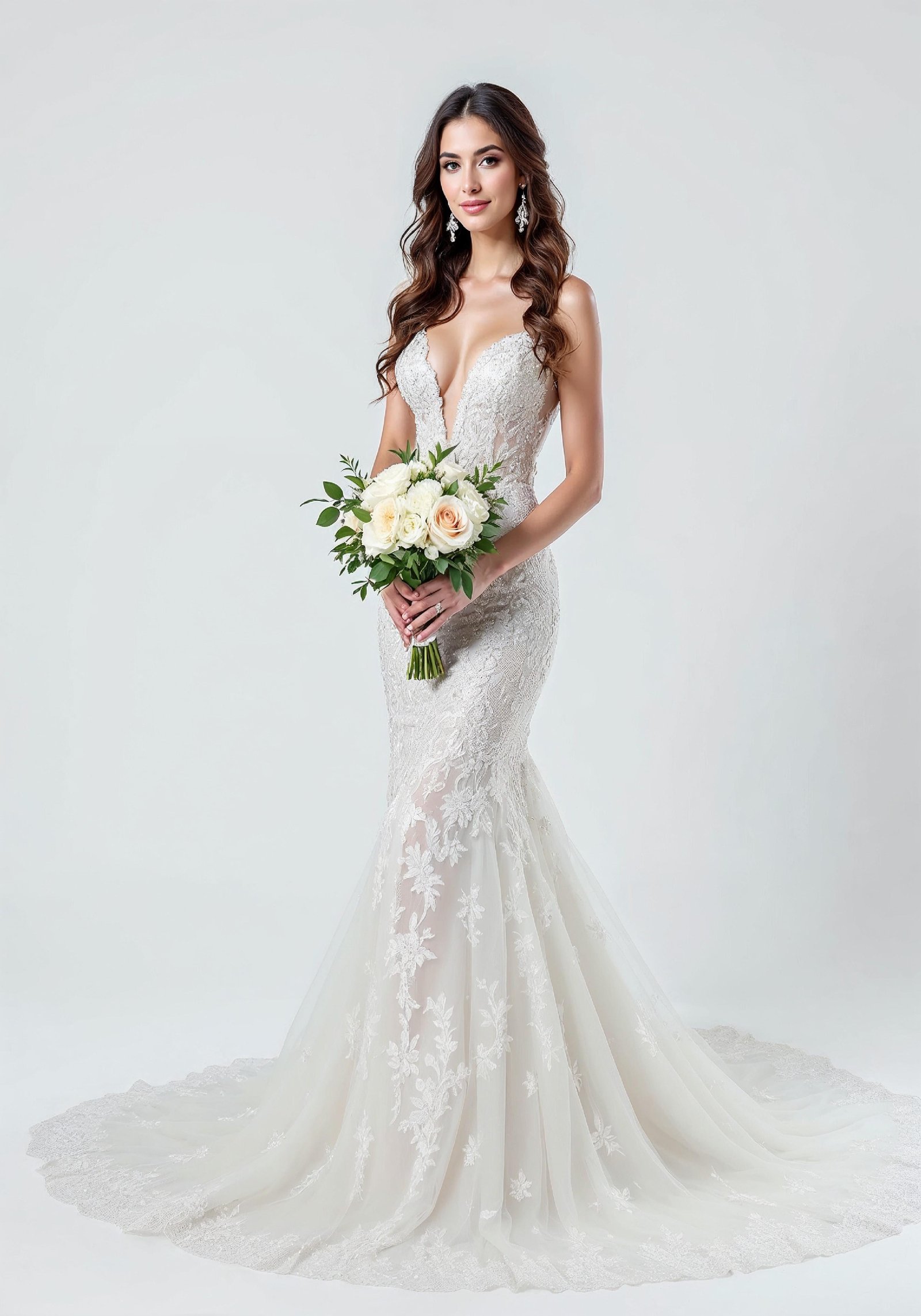 Elegant Young Bride in White Wedding Gown Posing in Studio on Light Background