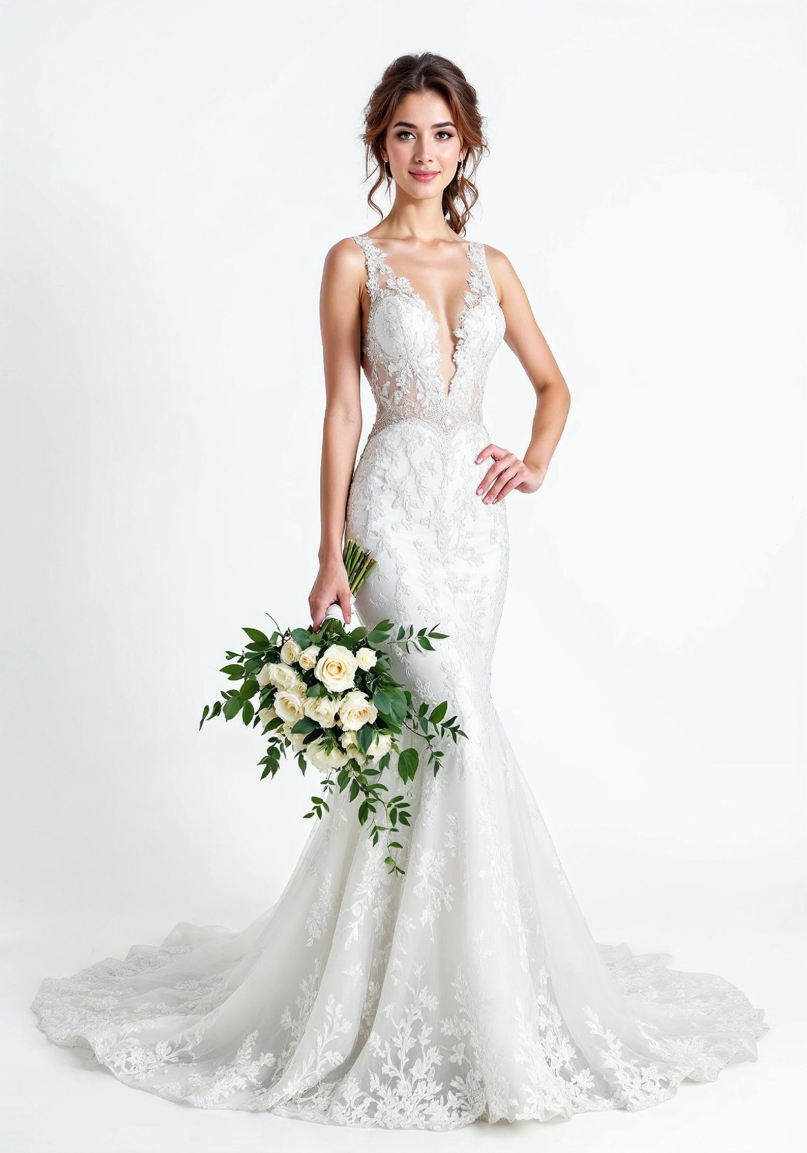Elegant Young Bride in White Wedding Gown Posing in Studio on Light Background