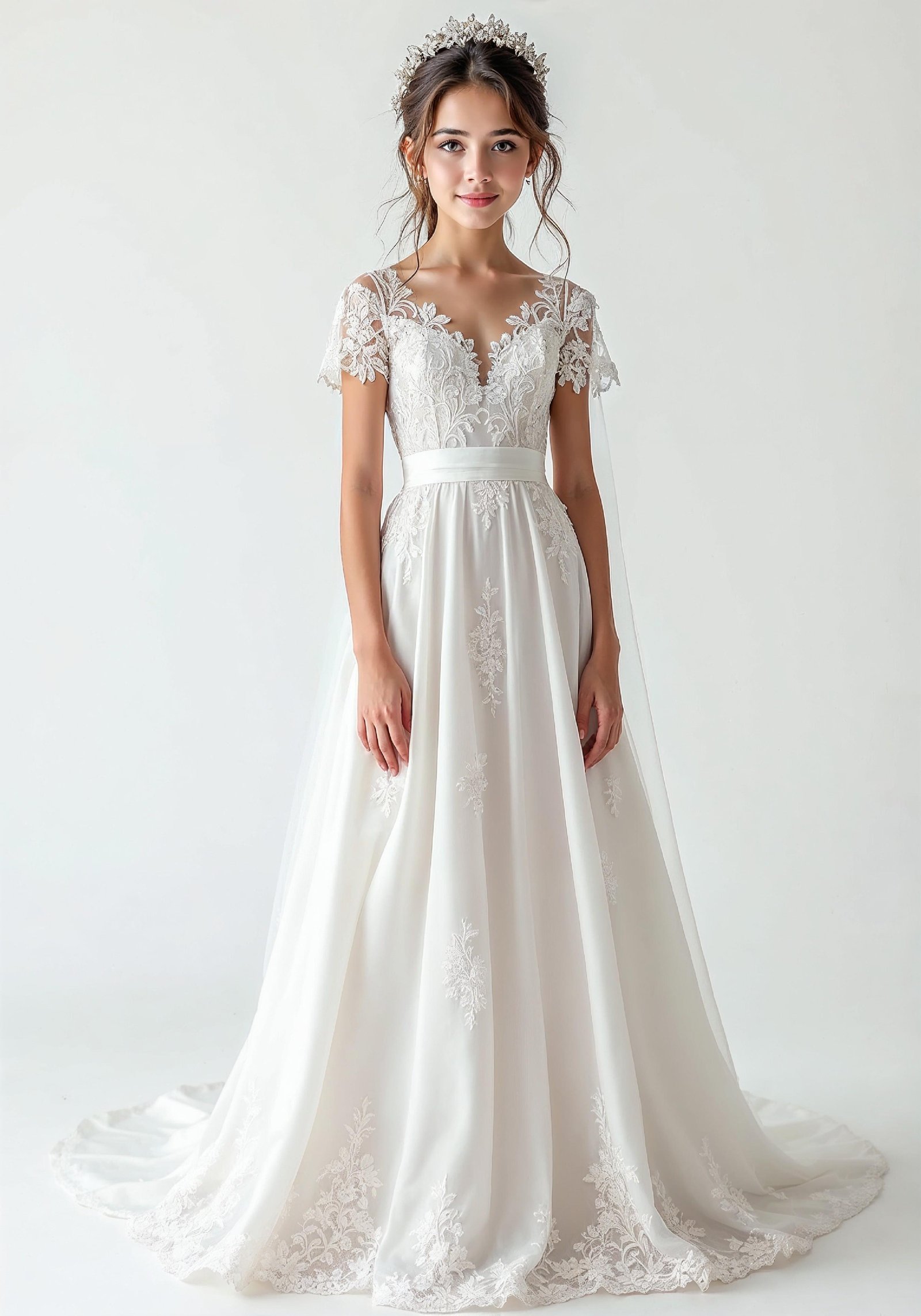 Elegant Young Bride in White Wedding Gown Posing in Studio on Light Background