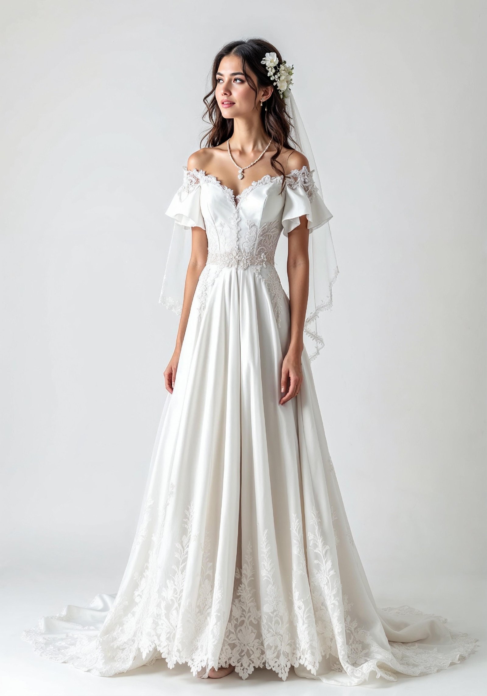 Elegant Young Bride in White Wedding Gown Posing in Studio on Light Background