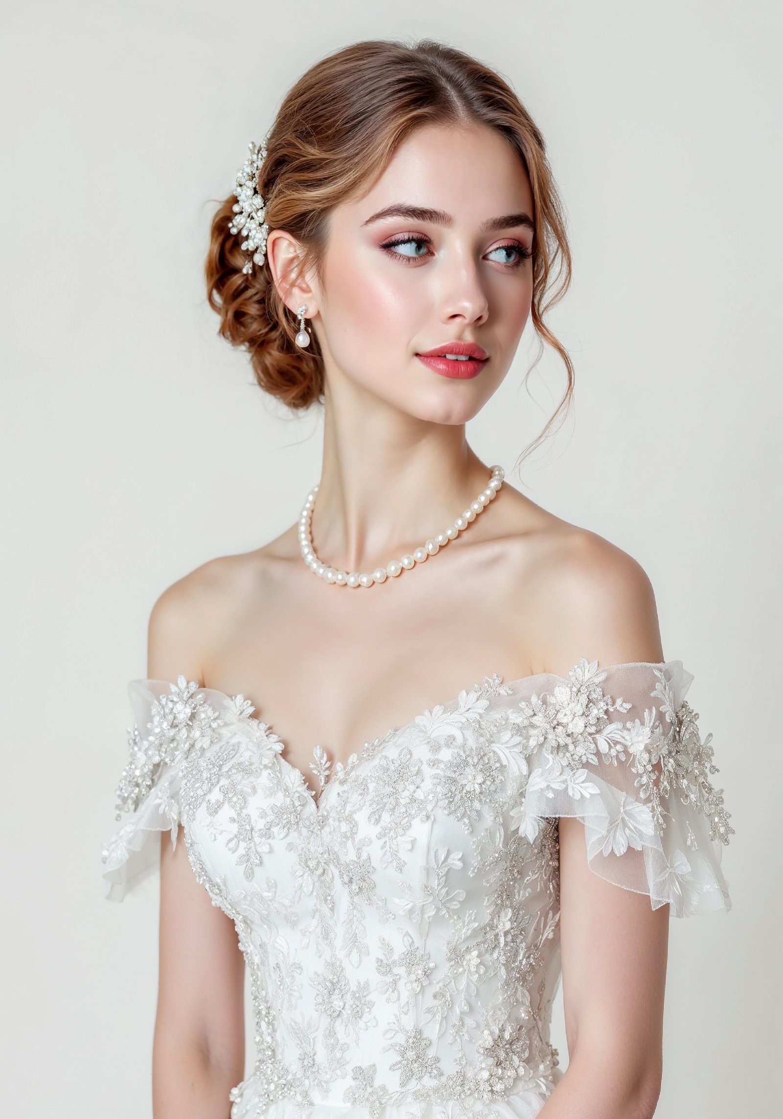 Elegant Young Bride in White Wedding Gown Posing in Studio on Light Background