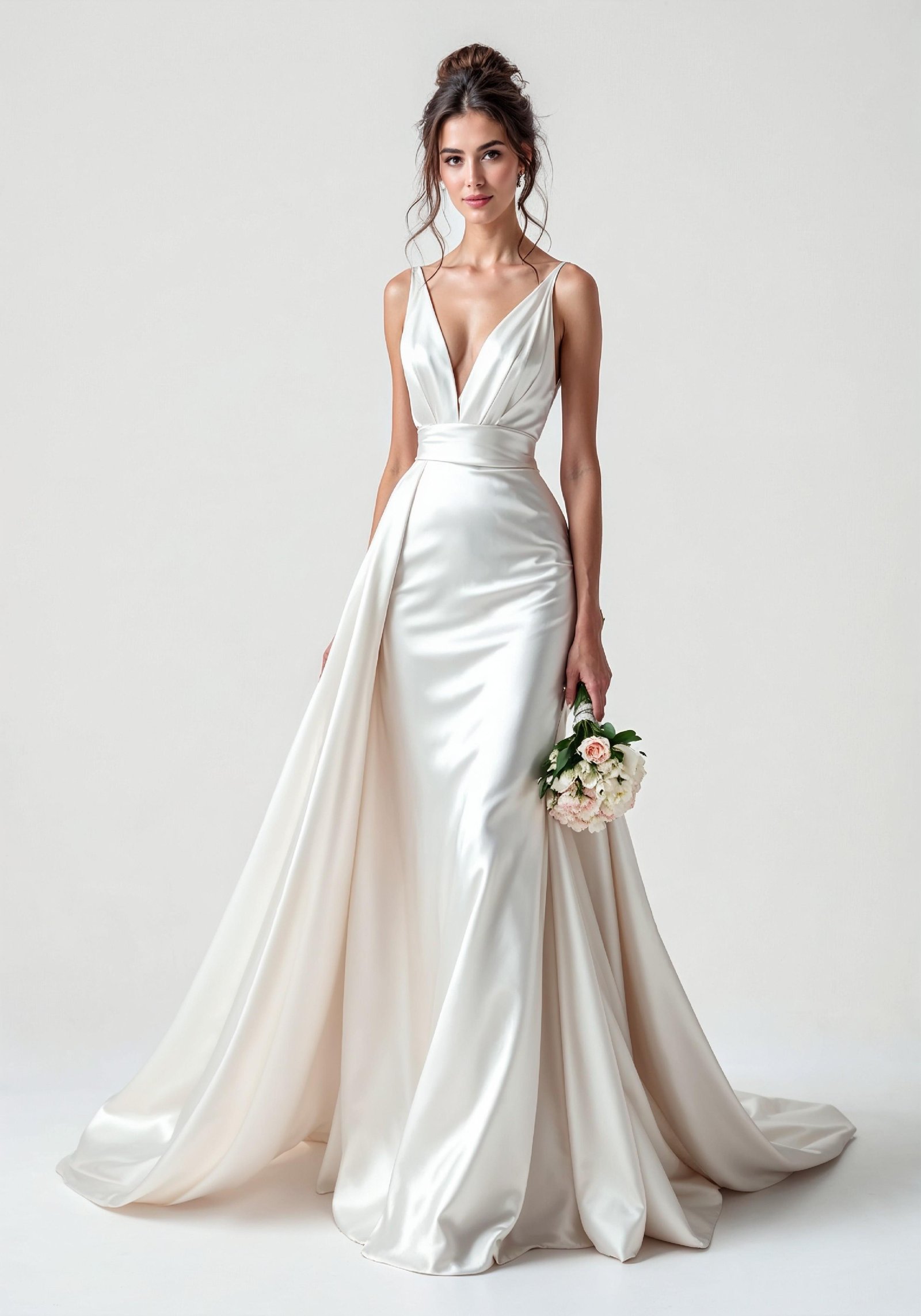 Elegant Young Bride in White Wedding Gown Posing in Studio on Light Background