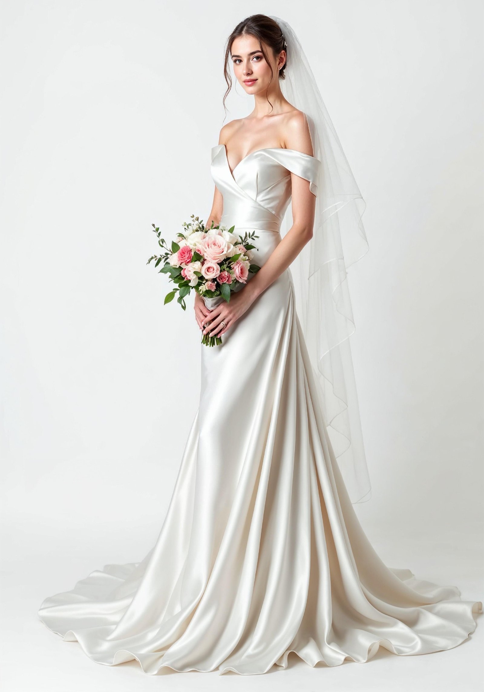 Elegant Young Bride in White Wedding Gown Posing in Studio on Light Background