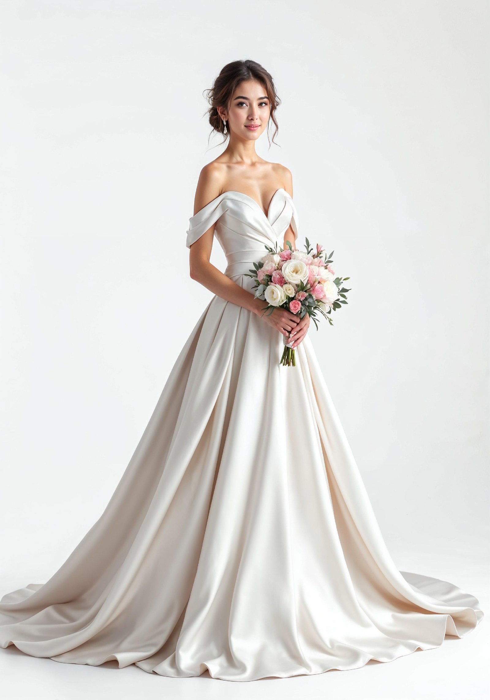 Elegant Young Bride in White Wedding Gown Posing in Studio on Light Background