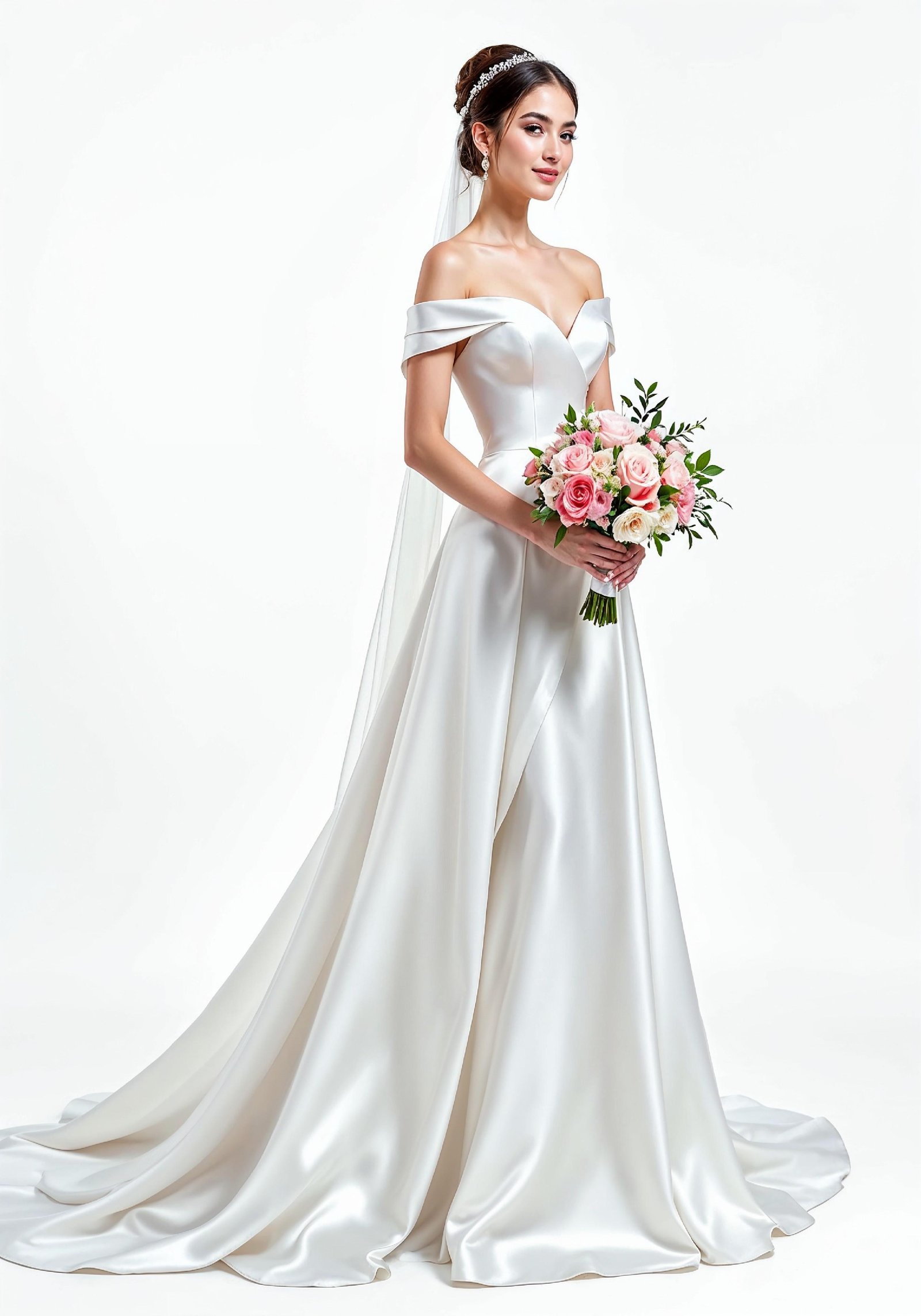 Elegant Young Bride in White Wedding Gown Posing in Studio on Light Background