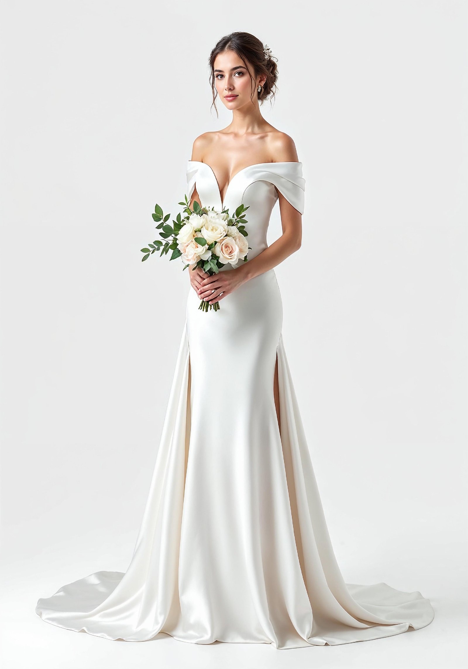 Elegant Young Bride in White Wedding Gown Posing in Studio on Light Background