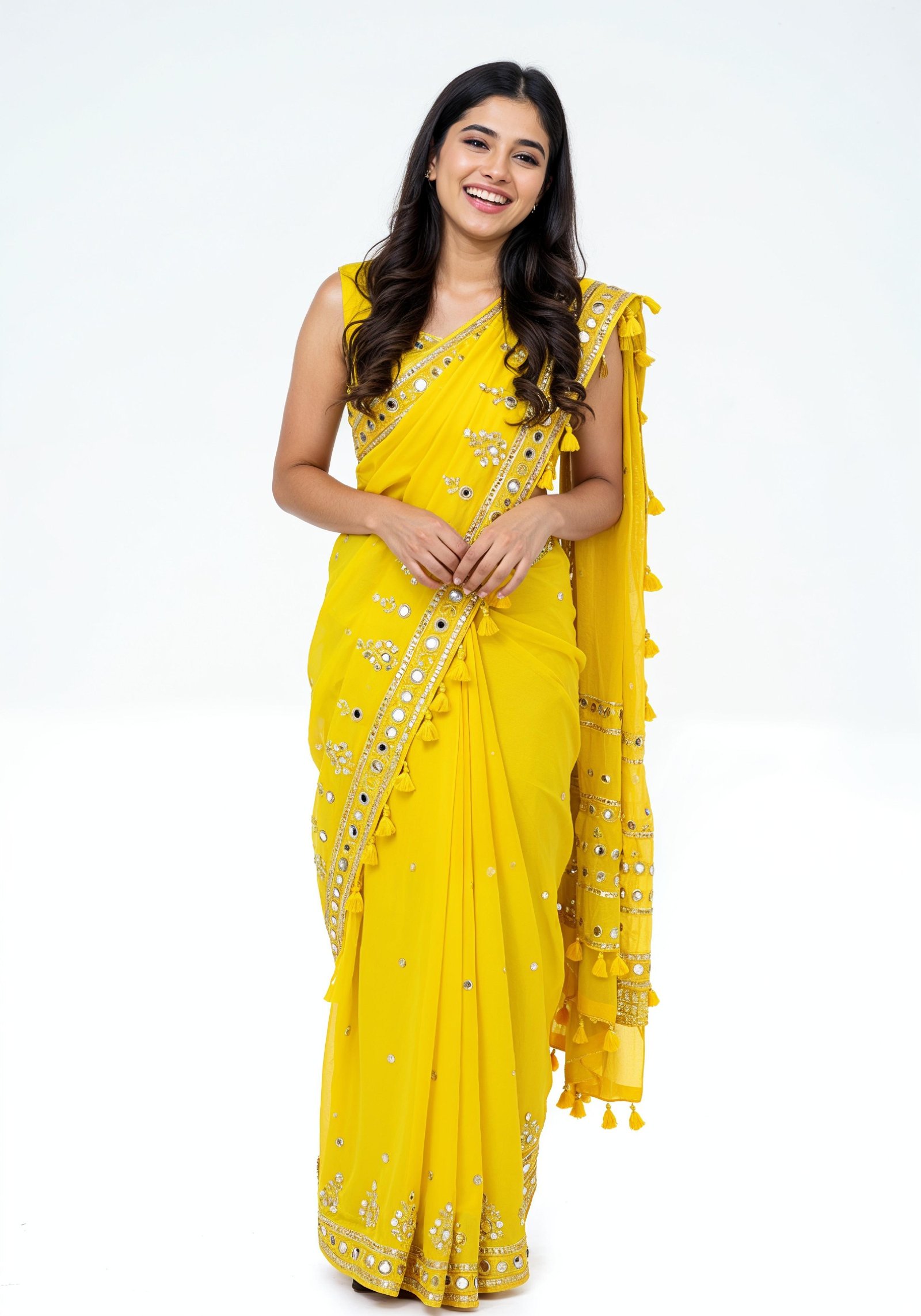 Elegant Young Indian Woman in Traditional Silk Saree Fashion Portrait