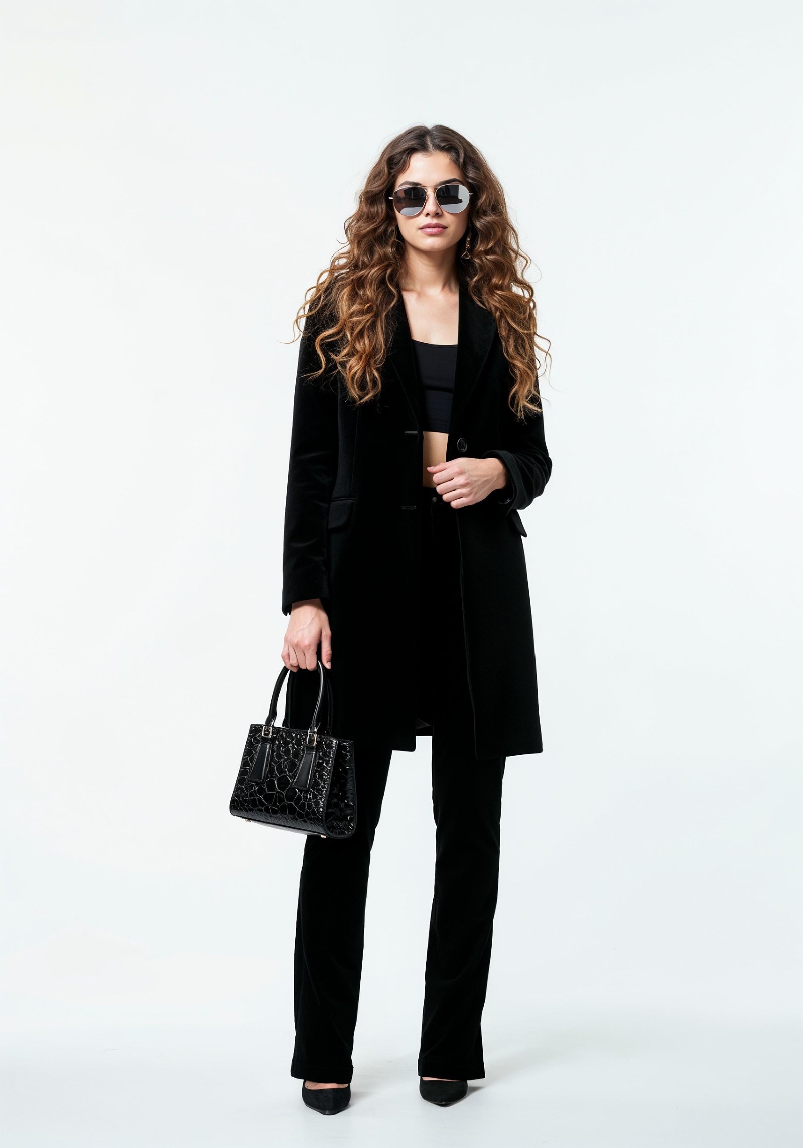 Elegant Young Woman in Coat and Matching Trousers Fashion Portrait
