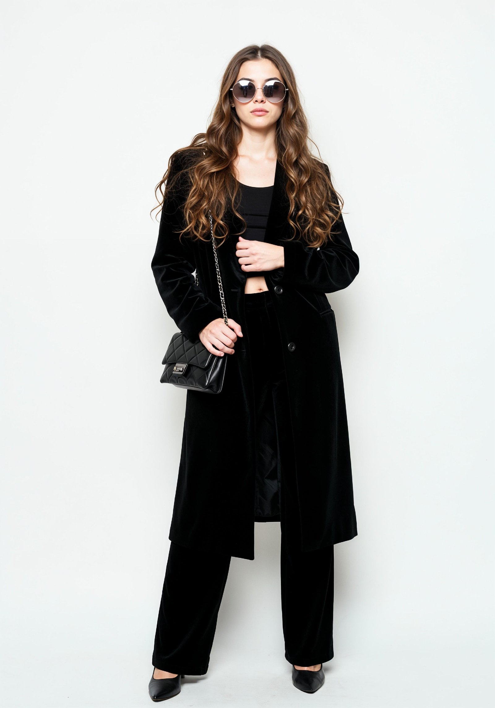 Elegant Young Woman in Coat and Matching Trousers Fashion Portrait