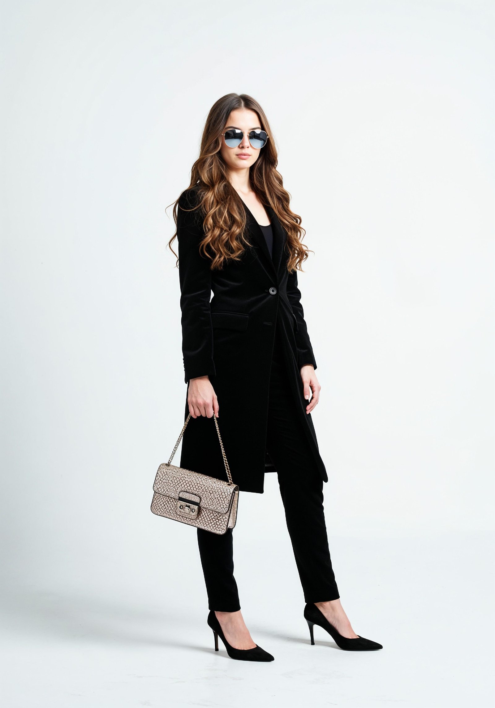 Elegant Young Woman in Coat and Matching Trousers Fashion Portrait