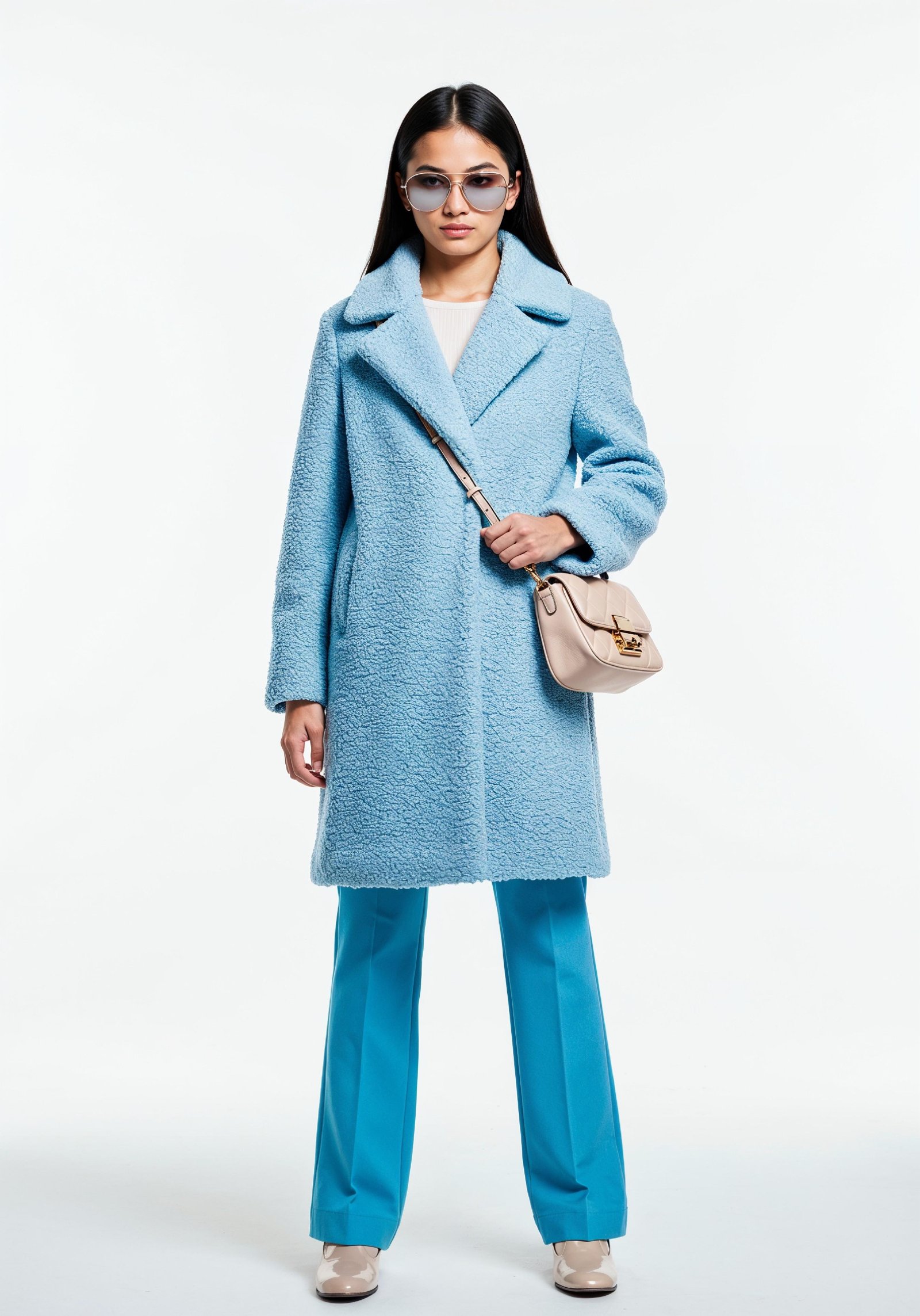 Elegant Young Woman in Coat and Matching Trousers Fashion Portrait
