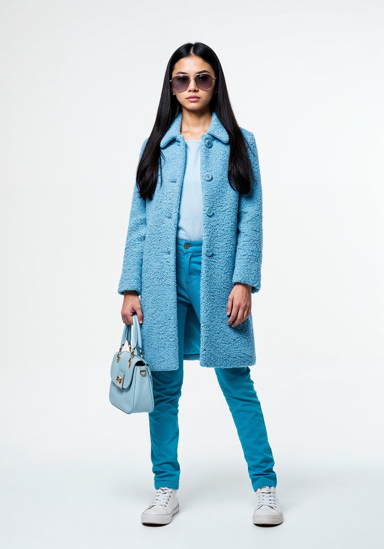 Elegant Young Woman in Coat and Matching Trousers Fashion Portrait