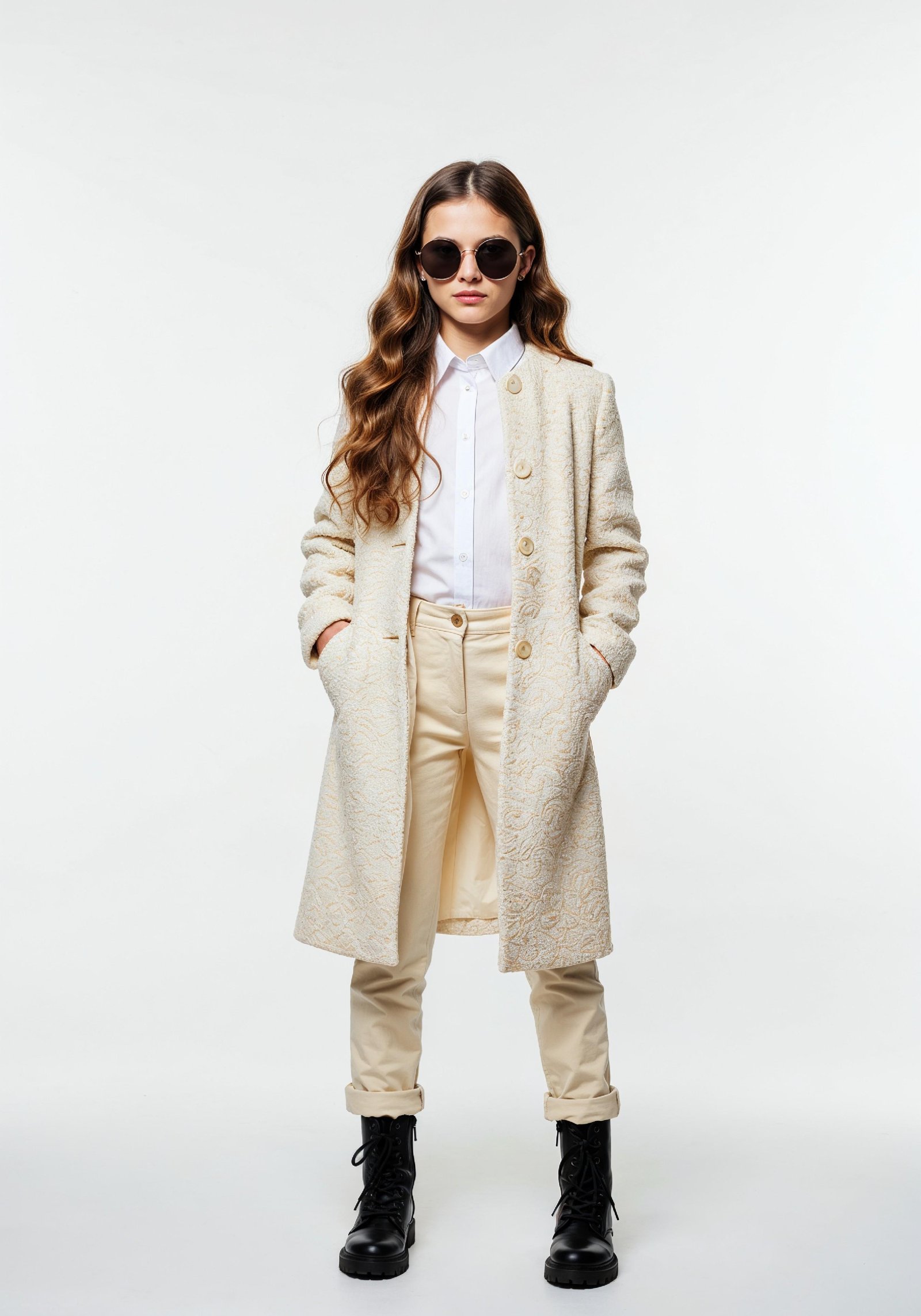 Elegant Young Woman in Coat and Matching Trousers Fashion Portrait
