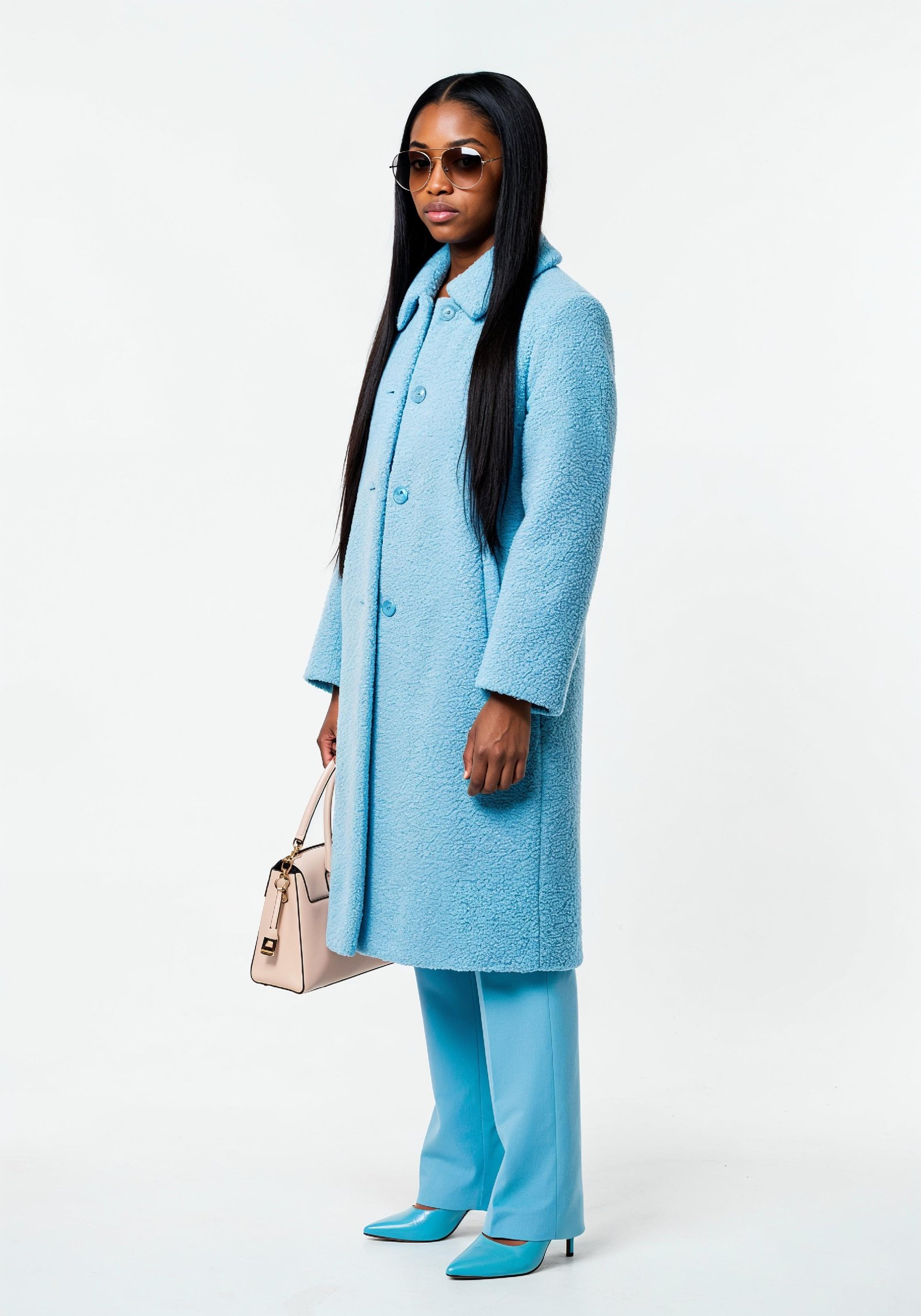 Elegant Young Woman in Coat and Matching Trousers Fashion Portrait