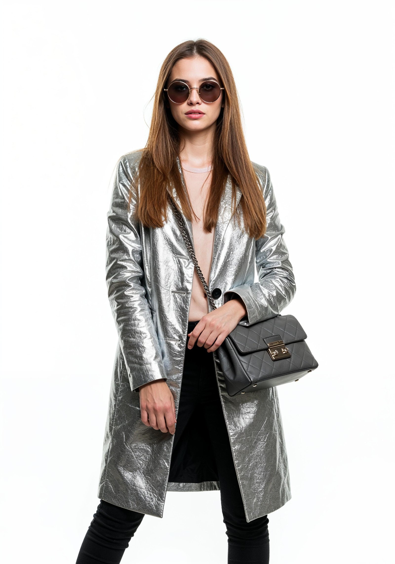 Elegant Young Woman in Coat and Matching Trousers Fashion Portrait