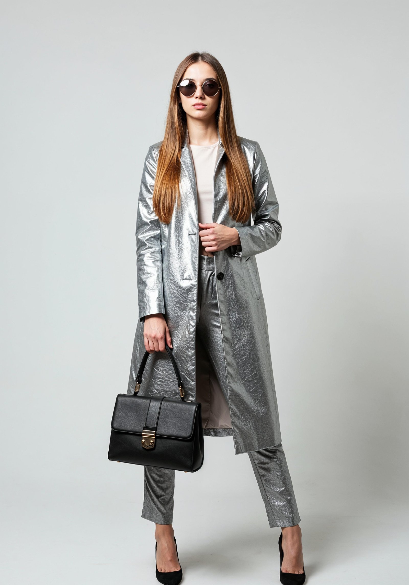 Elegant Young Woman in Coat and Matching Trousers Fashion Portrait