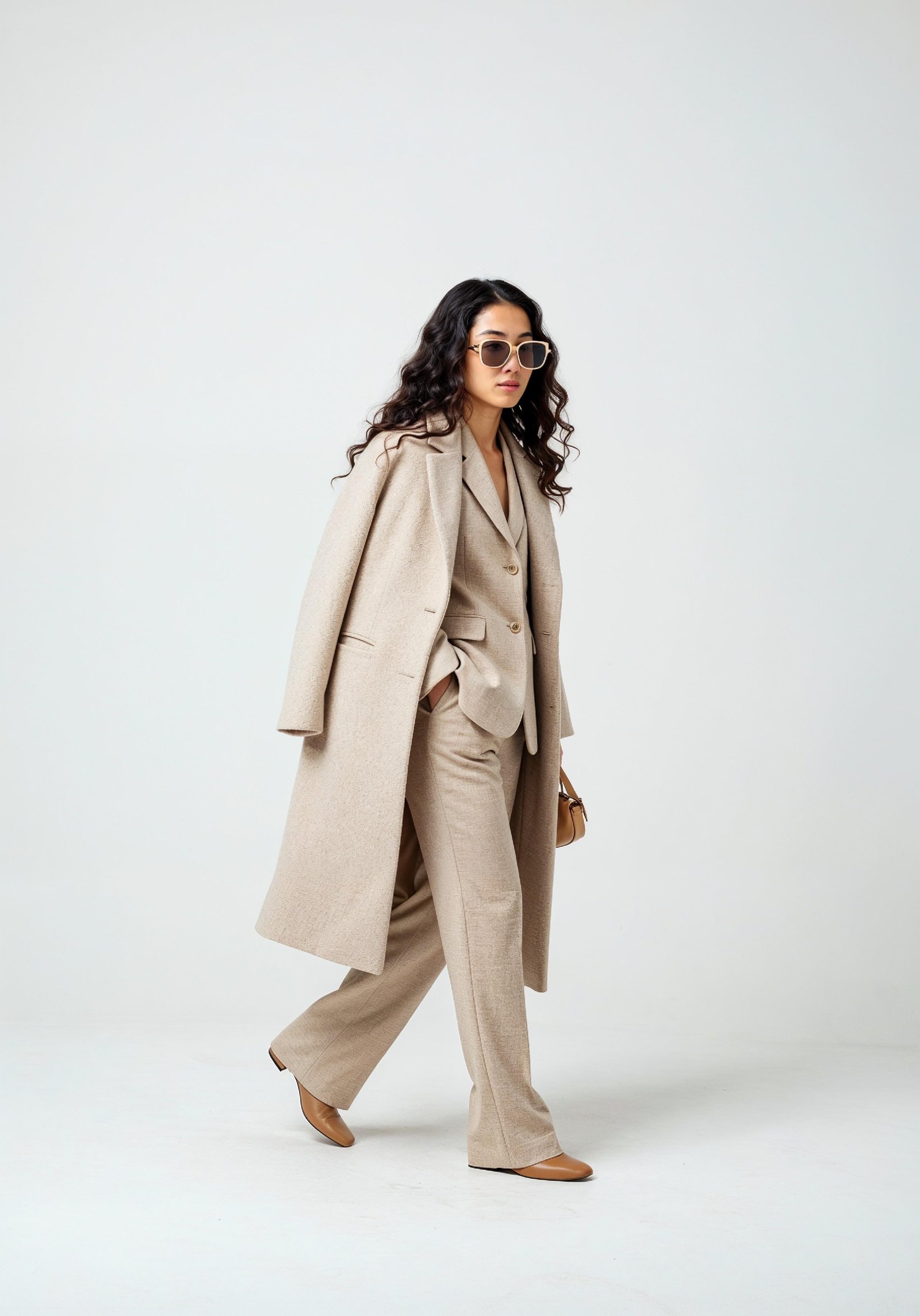 Elegant Young Woman in Coat and Matching Trousers Fashion Portrait