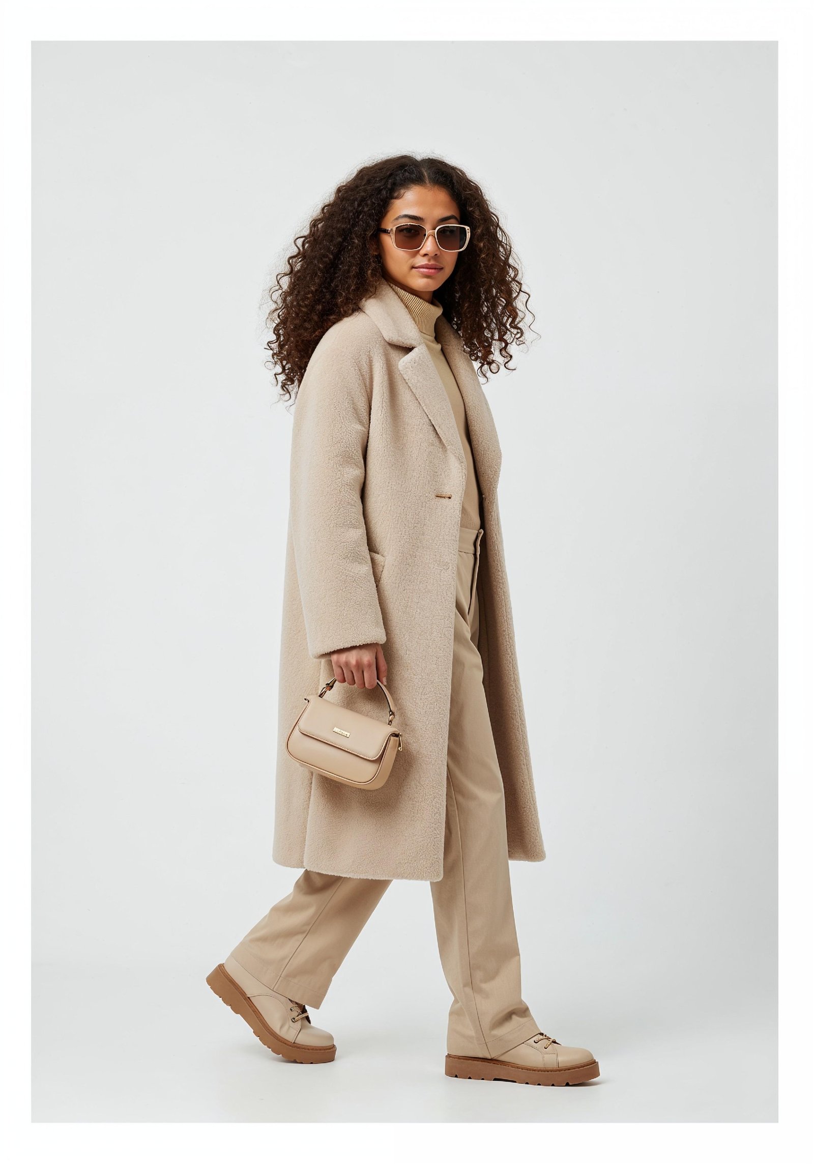 Elegant Young Woman in Coat and Matching Trousers Fashion Portrait